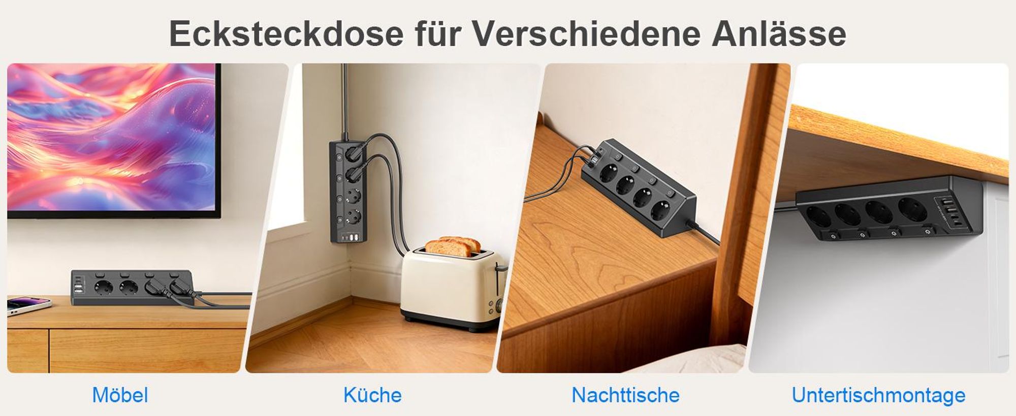 Steckdosenleiste, Steckdosenblock, Ecksteckdose, Mehrfachsteckdose, 4-fach Rund Mehrfachstecker, 4 USB (2 USB C), 2M Verlängerungskabel