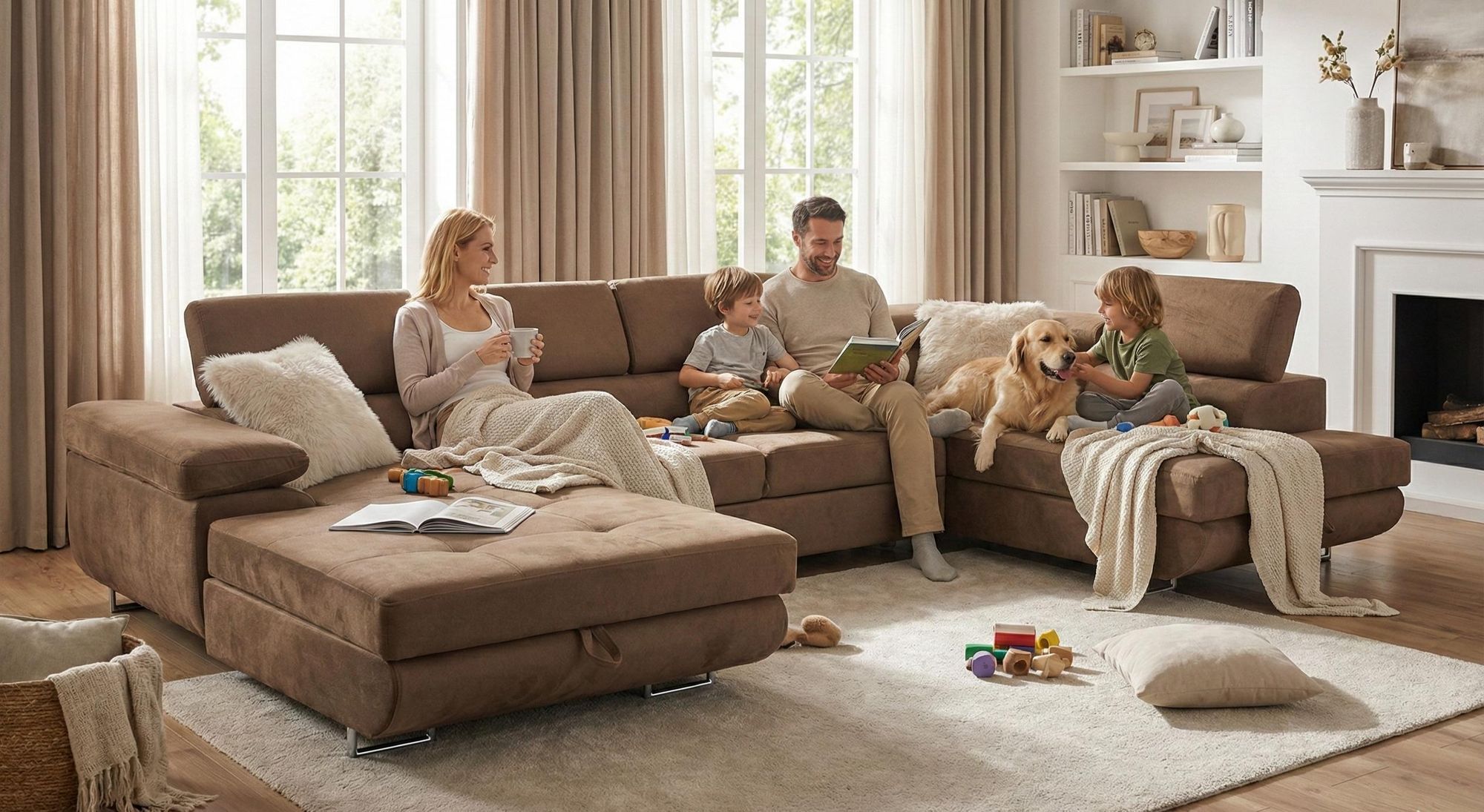 Familie entspannt auf weinrotem XXL-Ecksofa Aller U-Form im Wohnzimmer