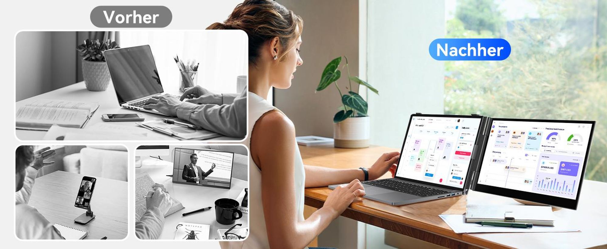 Blackview Tragbarer Monitor 14" SCM6 +A2, 1920×1080 ultradünn Computerbildschirm(für 13-17,3" Laptops), Low Blue Light, 180° horizontal drehbar