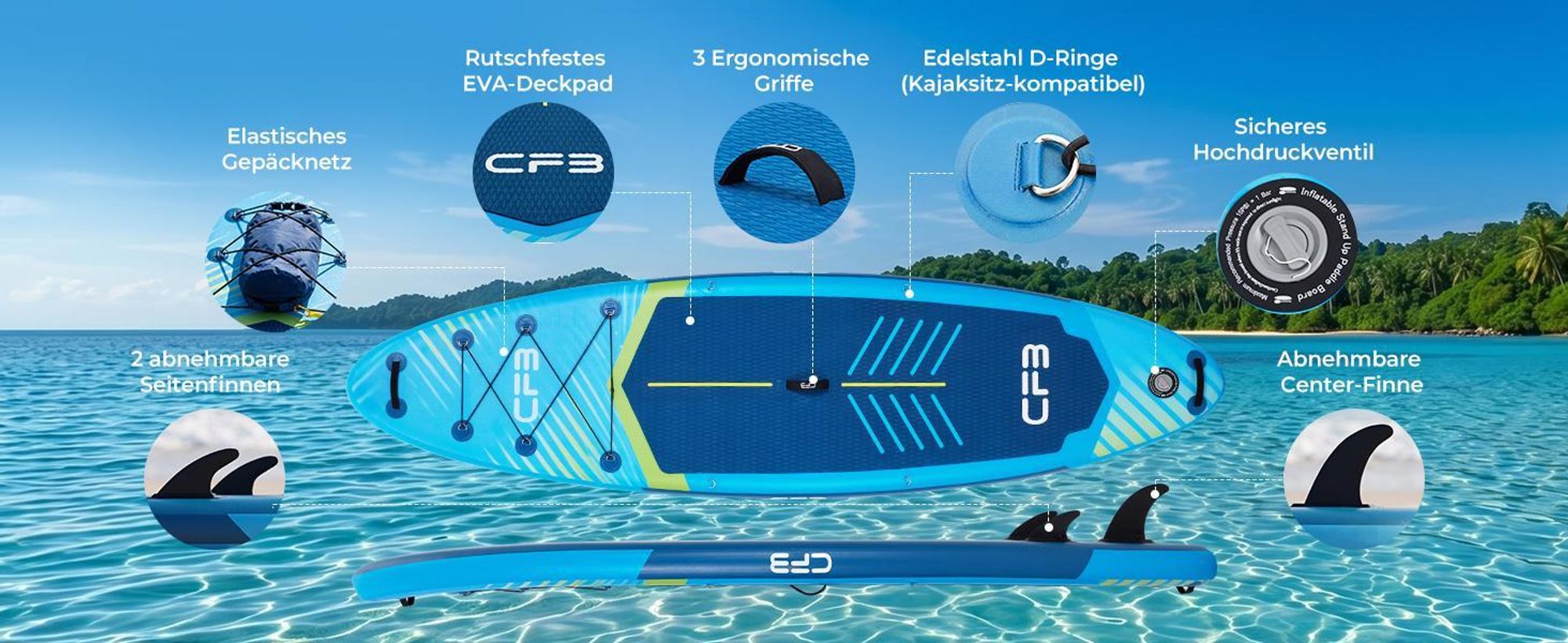 SUP-Board 320x84x15 cm, Bis zu 160 kg, extra breites iSUP, Aufblasbares Stand Up Paddle Board mit Paddel, Pumpe, Rucksack, für Anfänger und Erwachsene