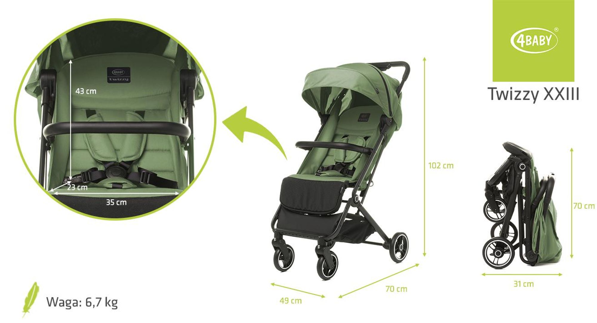 4Baby | Kočárek - Kočárek Buggy - Olivová - Zimní fusak s polohovací polohou - 5bodový pás - Ochrana proti slunci UPF 50+ - do 22 kg - Twizzy