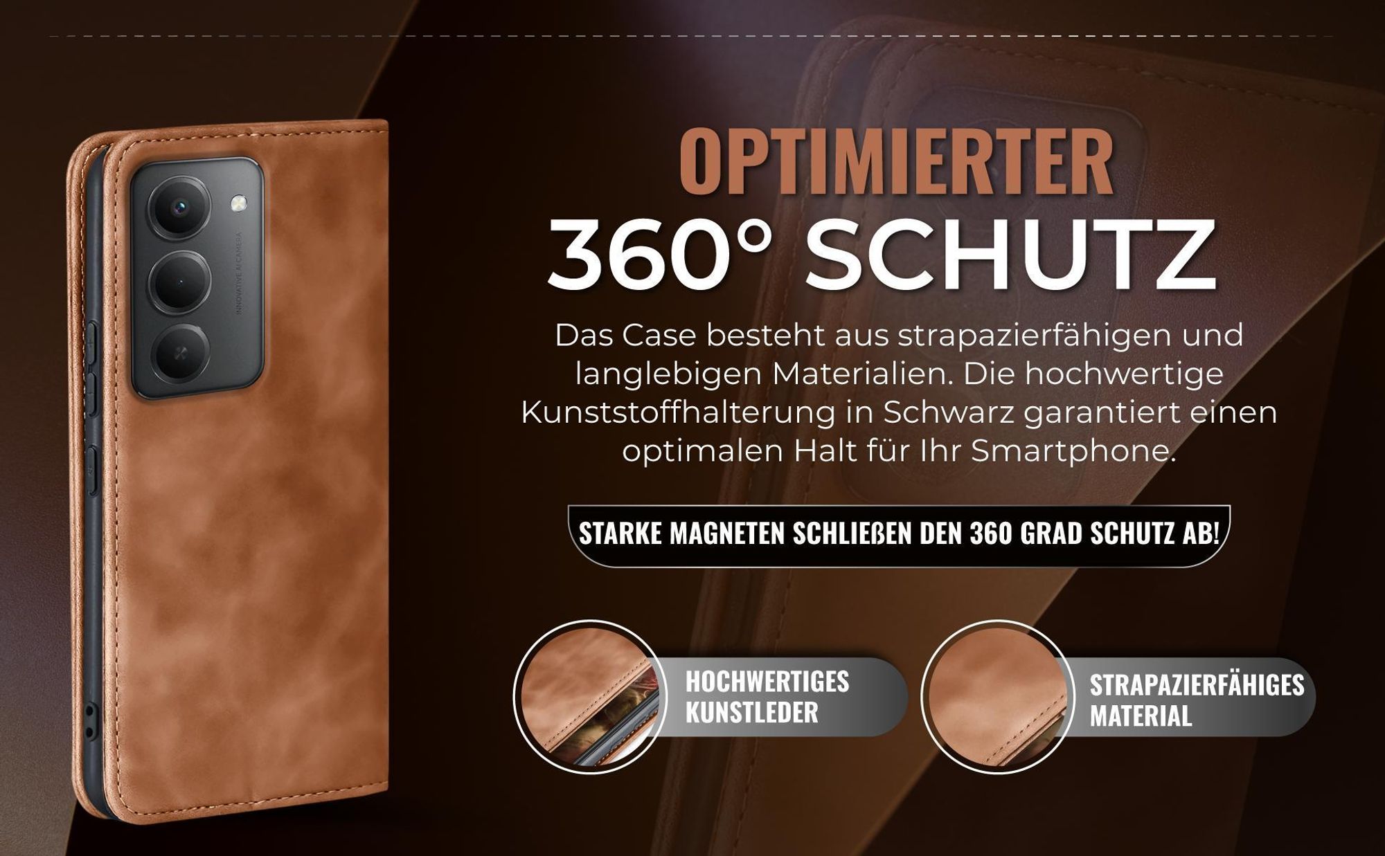 Hellbraune Handyhülle für Xiaomi Redmi 15 / 15 5G mit 360 Grad Schutz