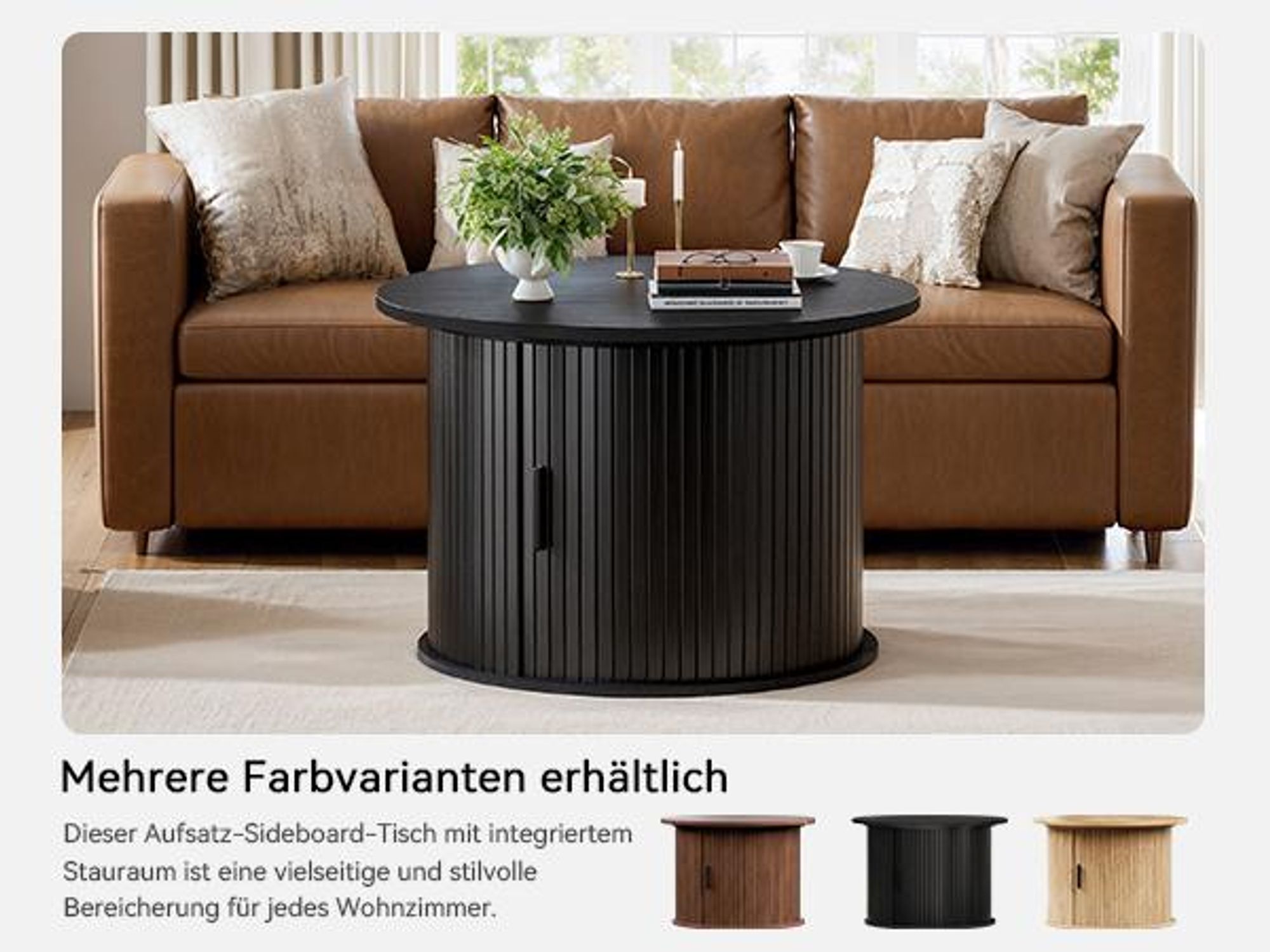 FABATO Runder Couchtisch mit Lift-Funktion & gewelltem Holzdekor – drehbarer Schiebetür-Schrank mit verstecktem Stauraum & offenem Regal fürs Wohnzimm