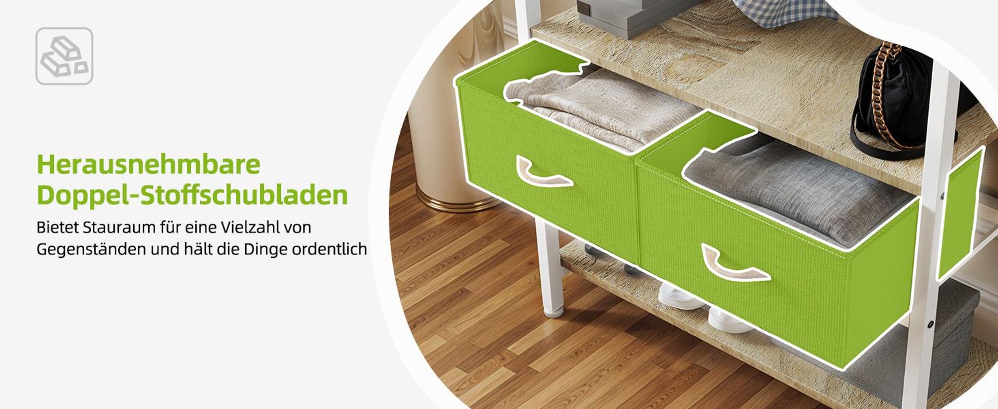 Garderobenständer mit Schuhbank, 8 Kleiderhaken, 2 Stoffschubladen, Kleiderständer, 80x32x180 cm, Beige
