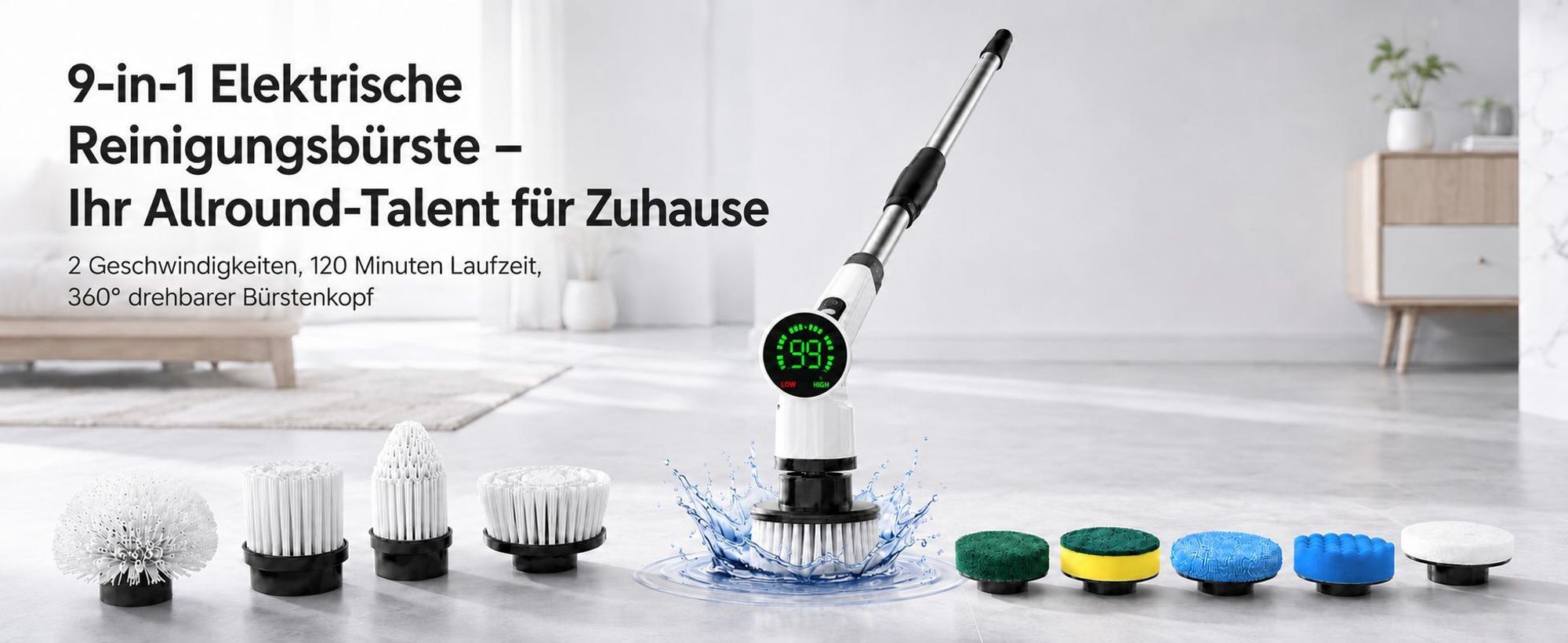 9 in 1 Elektrische Reinigungsbürste Akku 120 Min, 2 Geschwindigkeiten, 360° drehbarer Bürstenkopf, Display, USB-C, für Ecken, Bad, Fensterreinigung