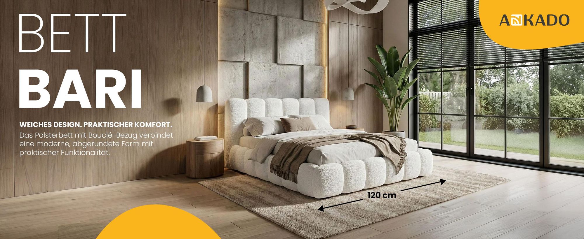 Polsterbett 120x200 cm Weiß – Einzelbett mit Bettkasten aus Bouclé-Stoff (Quelle 01)
