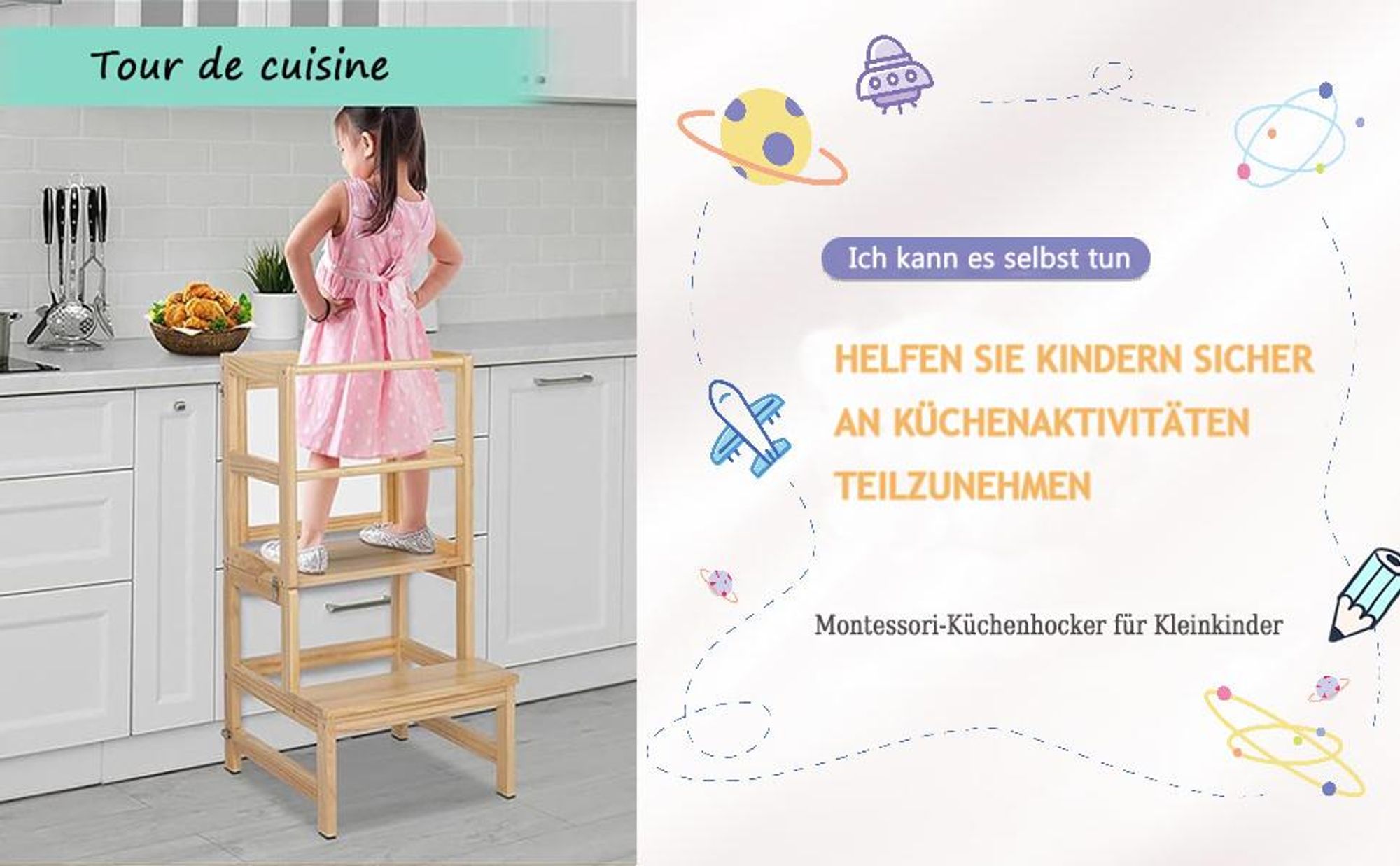 Lerntürme, Kinderstuhl, Lernturm, Faltbarer Kinderhocker, Holzzustand, Kiefernholz, quadratisch, mit drehbarer Tafel, 45x45x84cm, Protokollfarbe