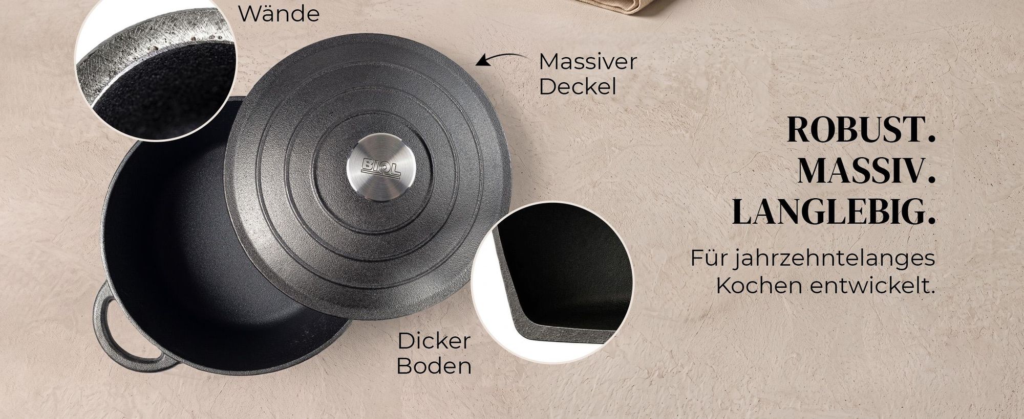 BIOL Gusseisen Topf mit Deckel Ø 25 cm 5L für Küche Backen Schmoren Braten Antihaftwirkung Für alle Herdarten geeignet