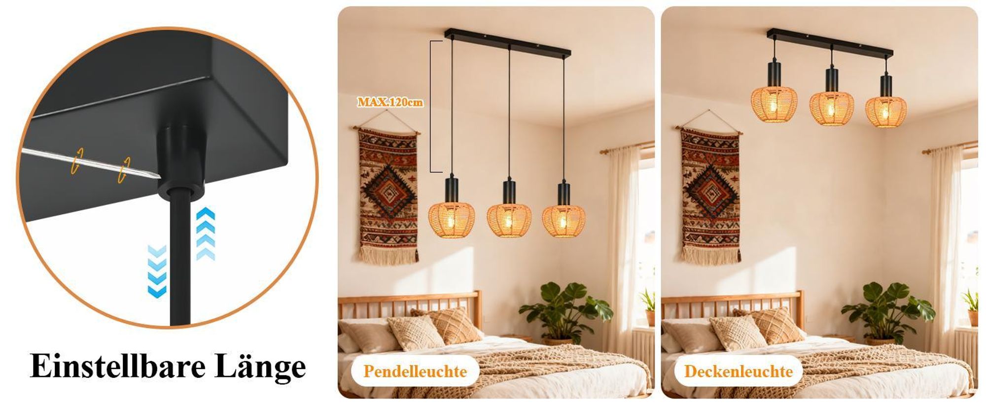 ZMH Hängelampe 3 Flammig Pendelleuchte Rattan Esstischlampe Geflochten Hängeleuchte Lampenschirm Hanfseil E27 Pendellampe für Esszimmer Schlafzimmer