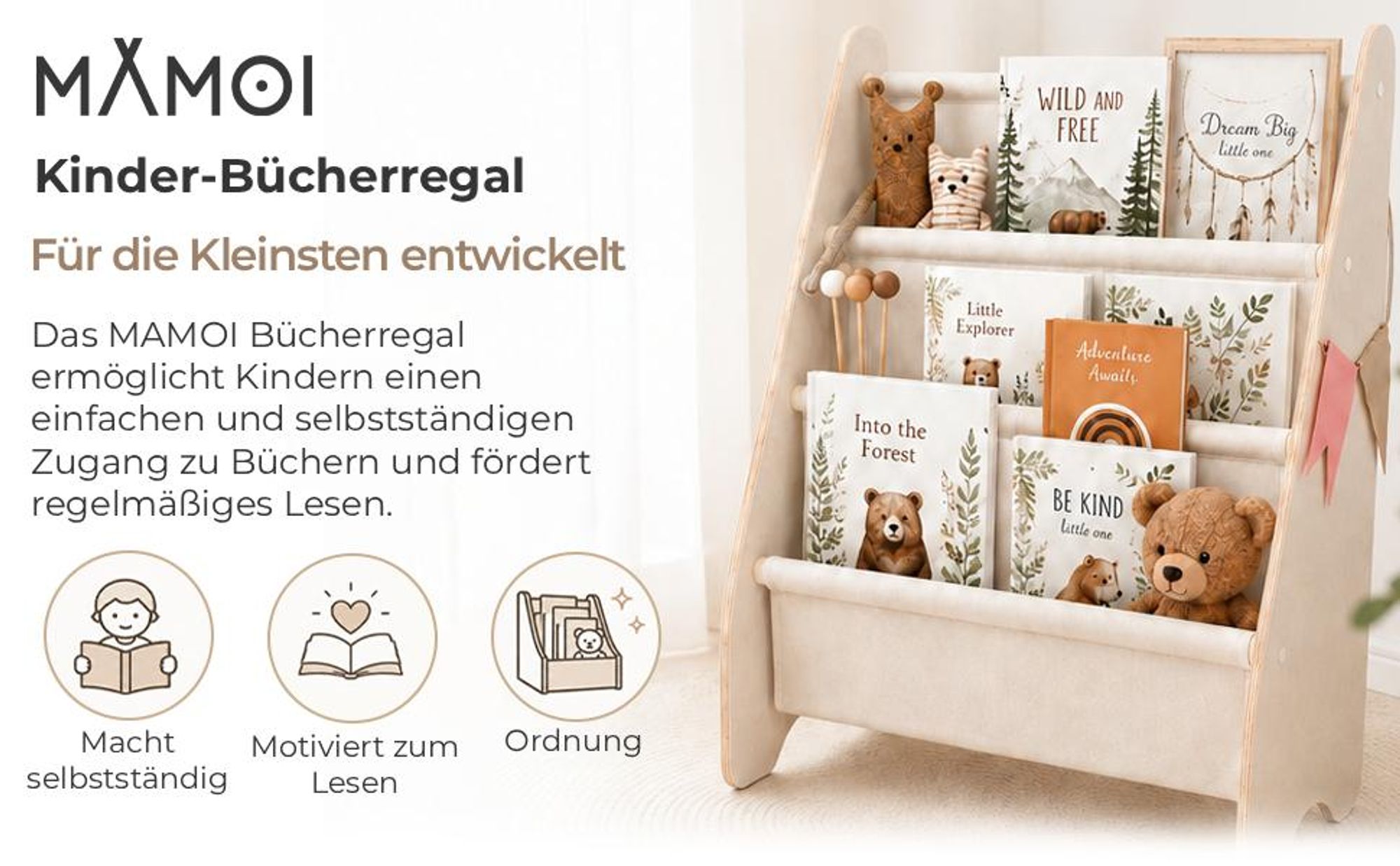 MAMOI® Bücherregal für kinder, Bücherkiste für kinderzimmer, Book shelf, Buchregal, Wandregal kinderregal, Kinderbücherregal, Bücherbank aus holz für Kleinkind, Kindermöbel für kleines kind