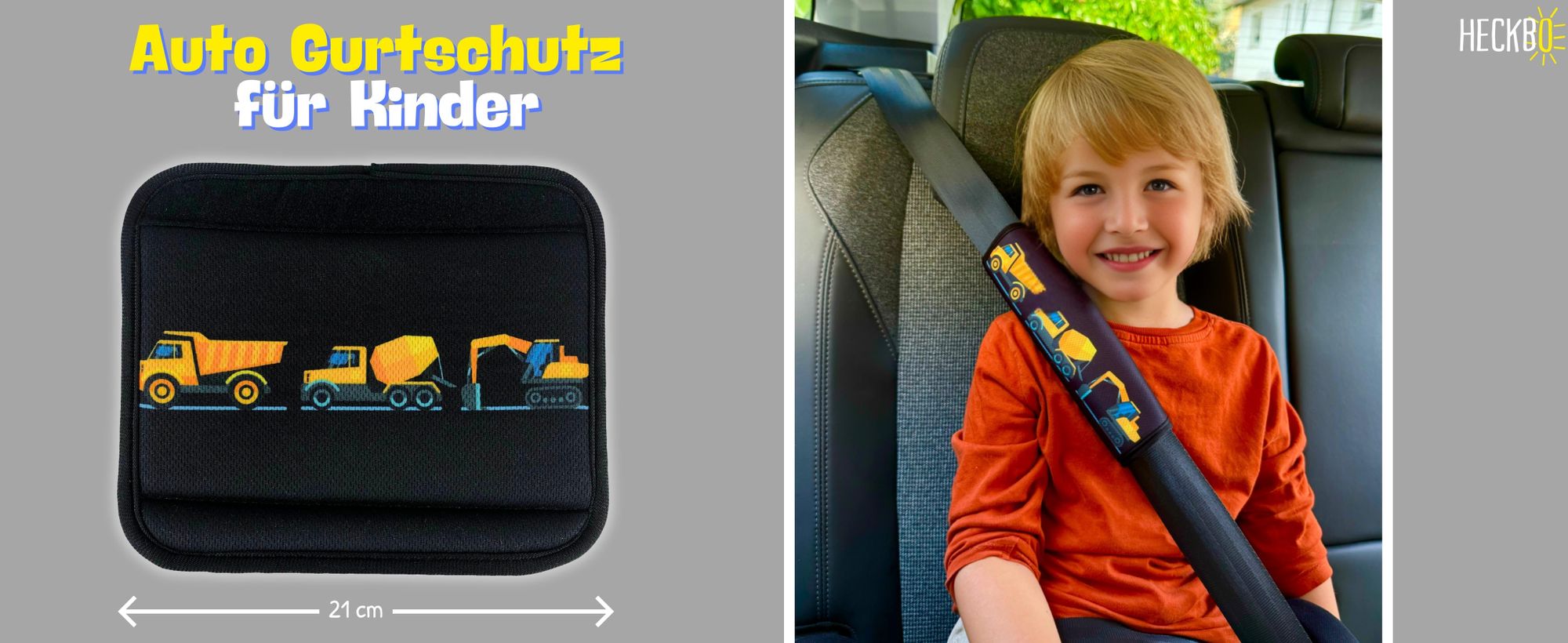 1x HECKBO Auto Gurtschutz Sicherheitsgurt Schulterpolster Schulterkissen Gurtschoner Autositze Gurtpolster für Kinder, Jungen/Jungs mit Baufahrzeuge, Bagger
