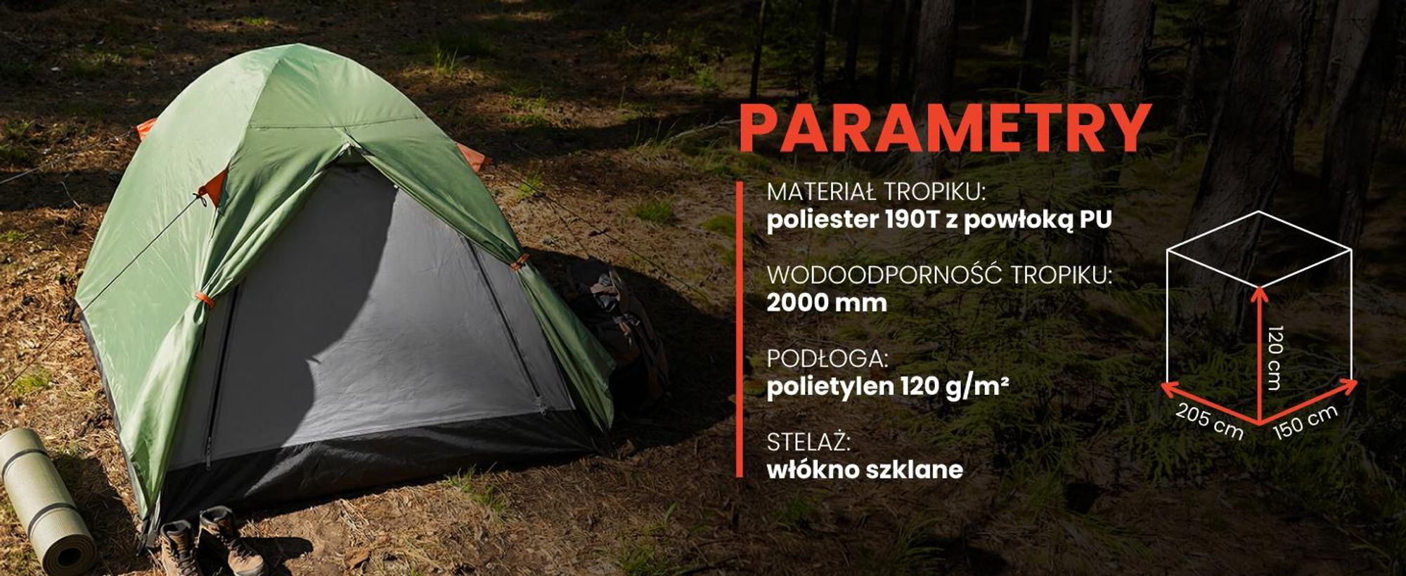 Dwuosobowy namiot turystyczny z moskitierą typu igloo i stelażem z włókna szklanego