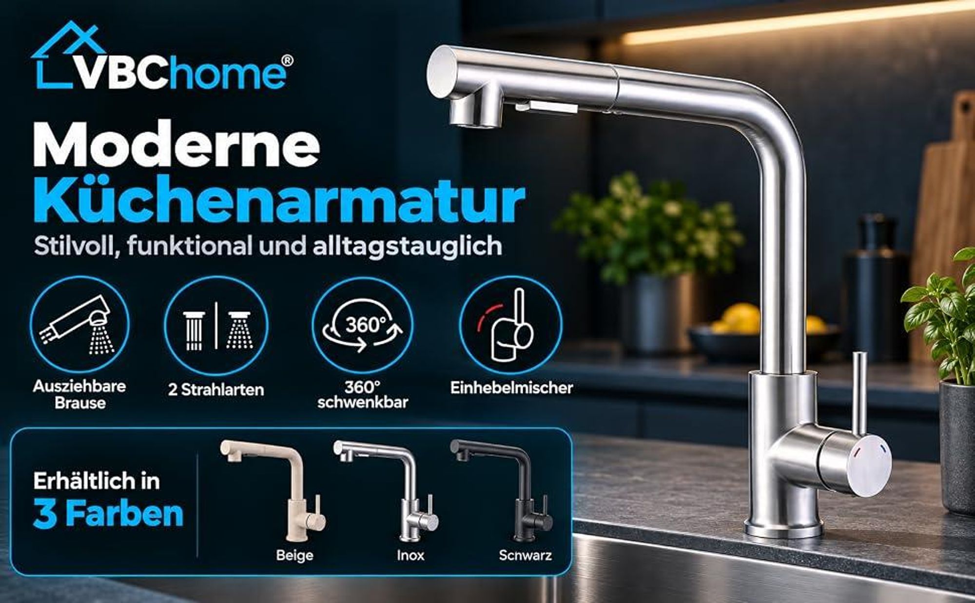 VBChome Küchenarmatur Beige mit ausziehbarer Brause 360° schwenkbar 2 Strahlarten Keramikkartusche Einhebelmischer Spültischarmatur Höhe 330 mm