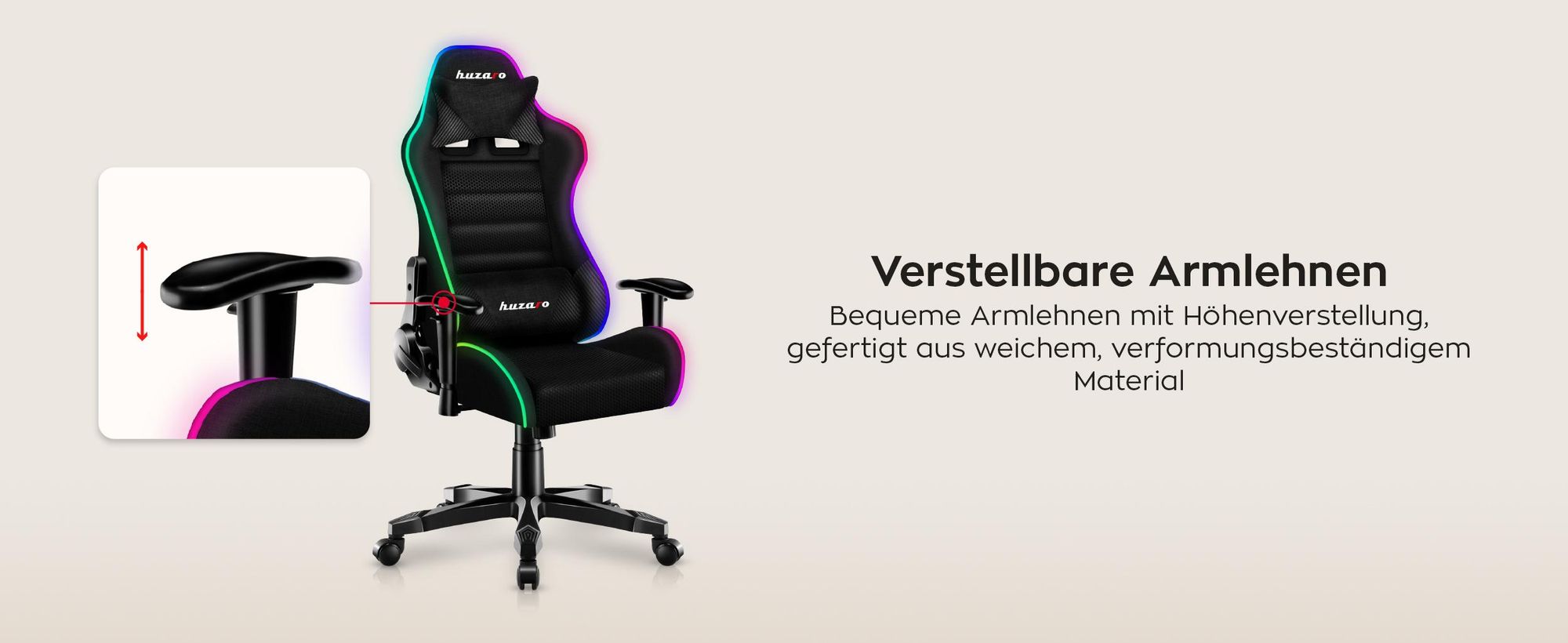 Huzaro Kinder Schreibtischstuhl Ranger 6.0 Gaming Stuhl Racing Sessel Bürostuhl Drehstuhl Gamer bis 130 kg RGB Led Schwarz