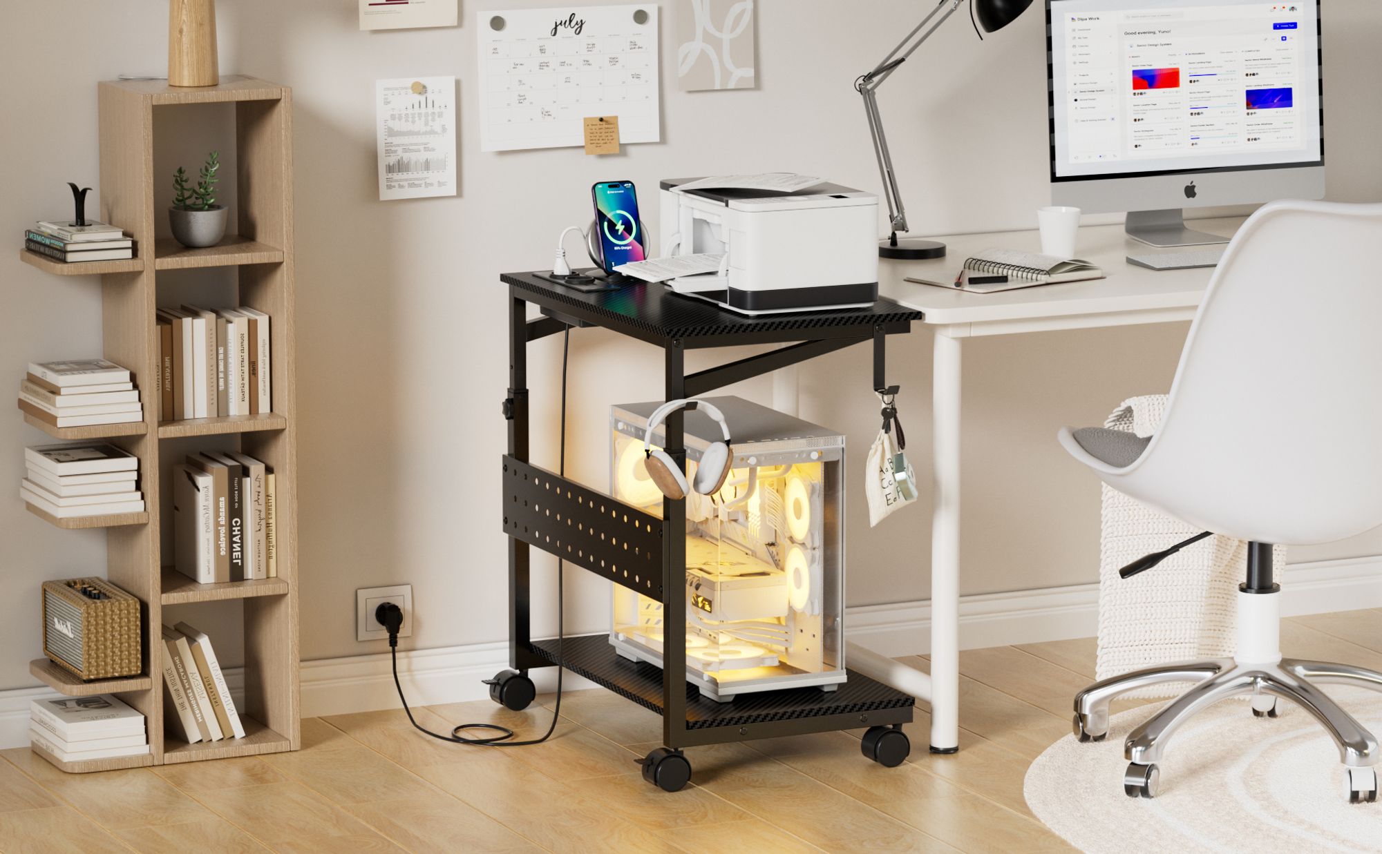 Höhenverstellbarer Computer Tower Ständer, Gehäuse CPU Halter PC Ständer mit Rollen&Ladestation, PC Wagen Drucker Cart, Laptoptisch Beistelltisch