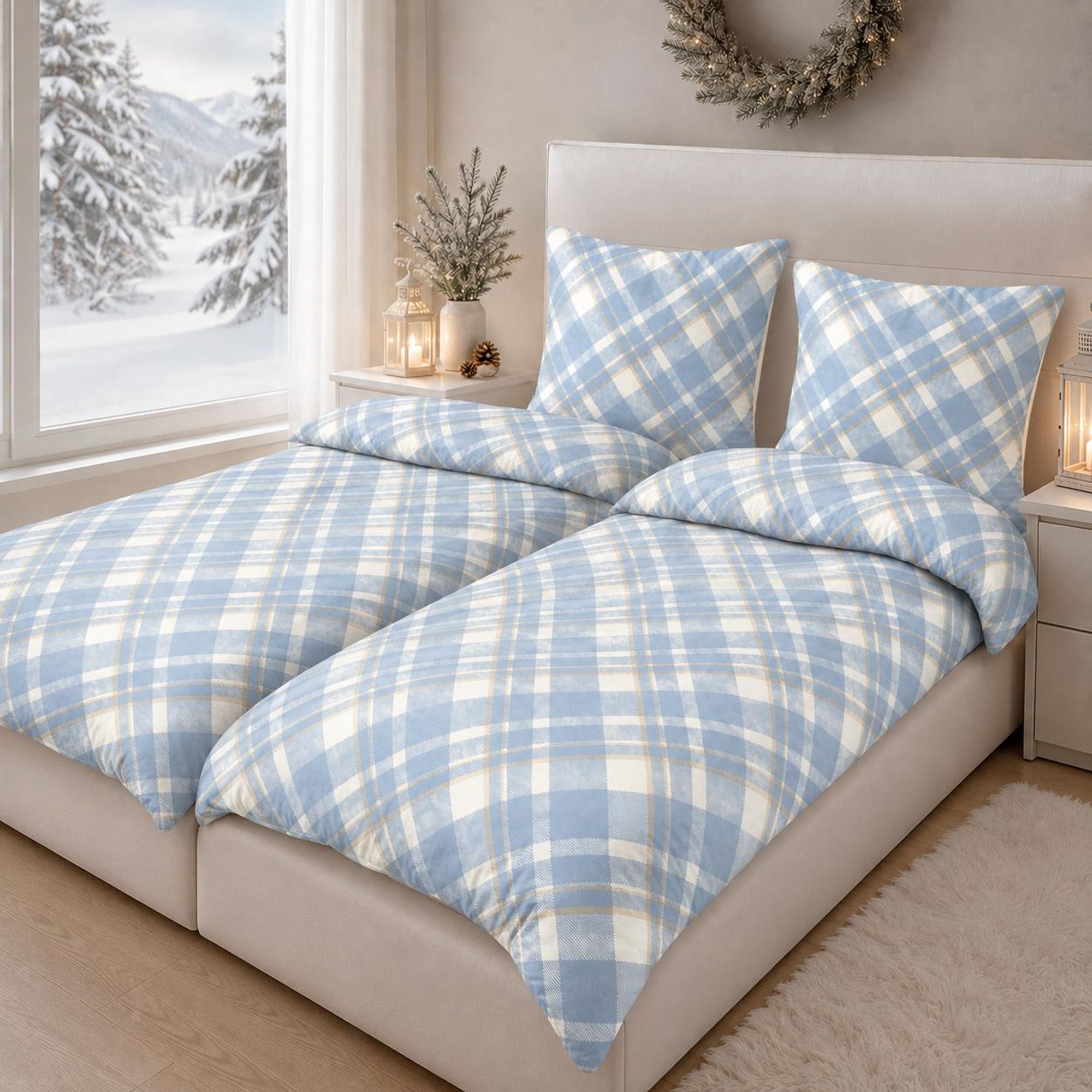 Bettwäsche Winter Biber Feinbiber Baumwolle 2x 135x200 + 2x 80x80 cm Doppelpack Design: Karo Blau