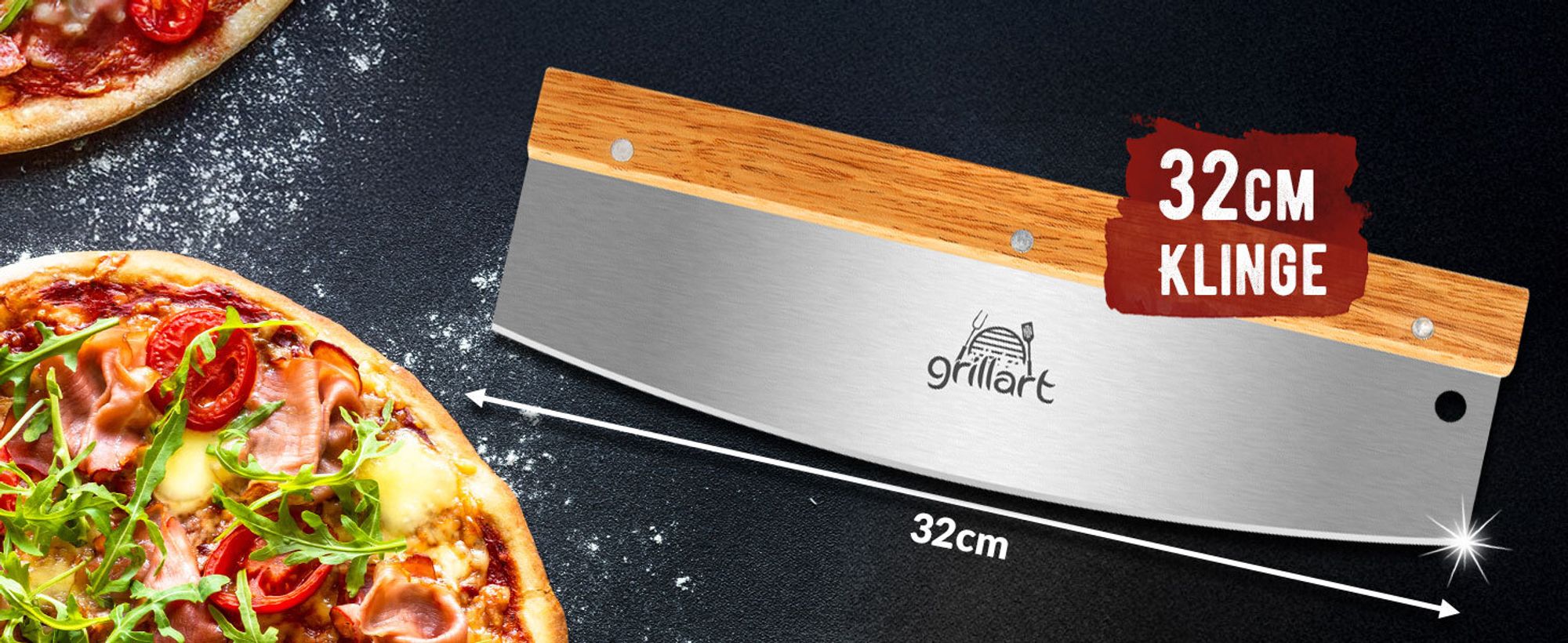 grillart® Premium Pizzamesser – Extra scharfer Edelstahl Pizzaschneider mit Holzgriff