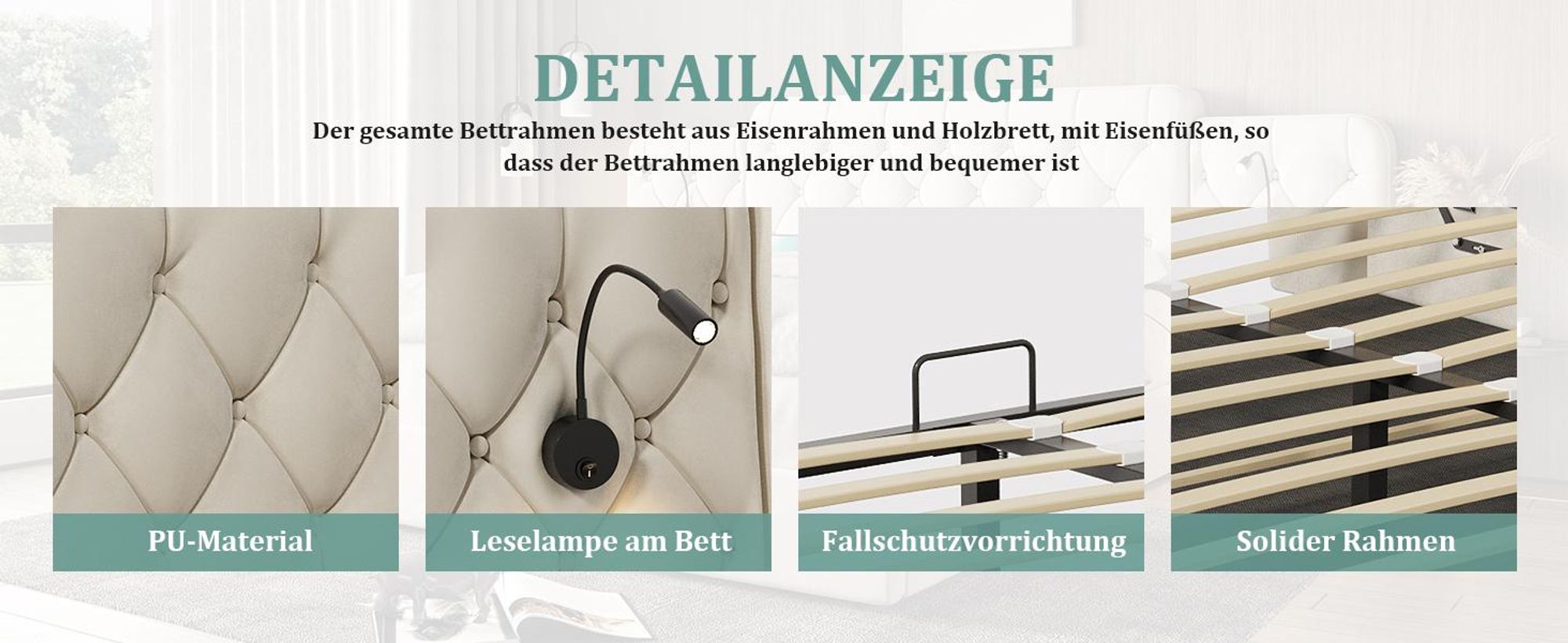 LVHOM Polsterbett 180x200 cm mit Leselampen und USB, Hydraulisches Boxspringbett mit Bettkasten, Doppelbett Samt mit Lattenrost, Funktionbett, Beige