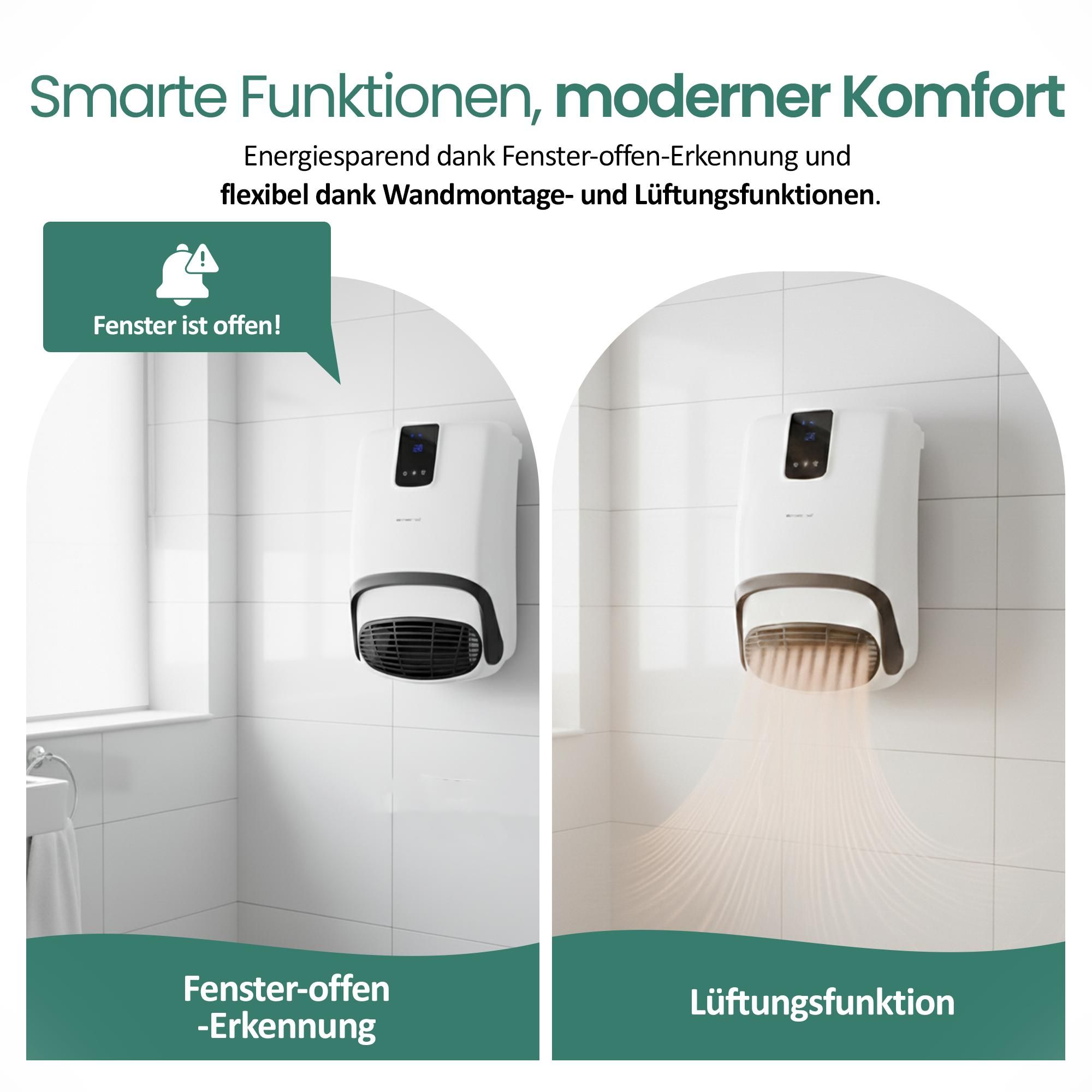 Emerio Badezimmer-Heizgerät BH-123818 – für Räume bis 25 m² – Timer – Fenster-Offen-Erkennung – IP23 – Fernbedienung – Touch-Display – Handtuchhalter