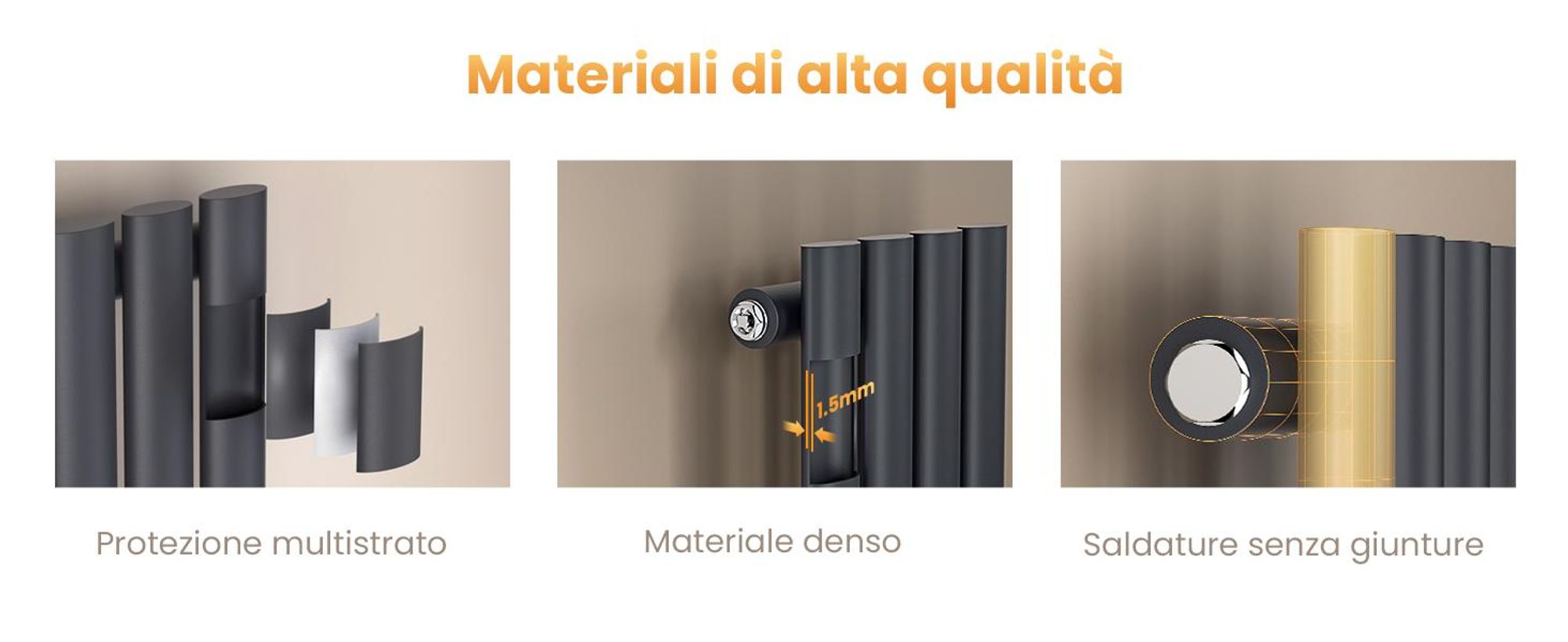 Radiatore tubolare di design EMKE per il funzionamento ad acqua calda Attacco medio Verticale Ovale monostrato 177 Watt 24cm x 60cm Antracite senza elemento riscaldante