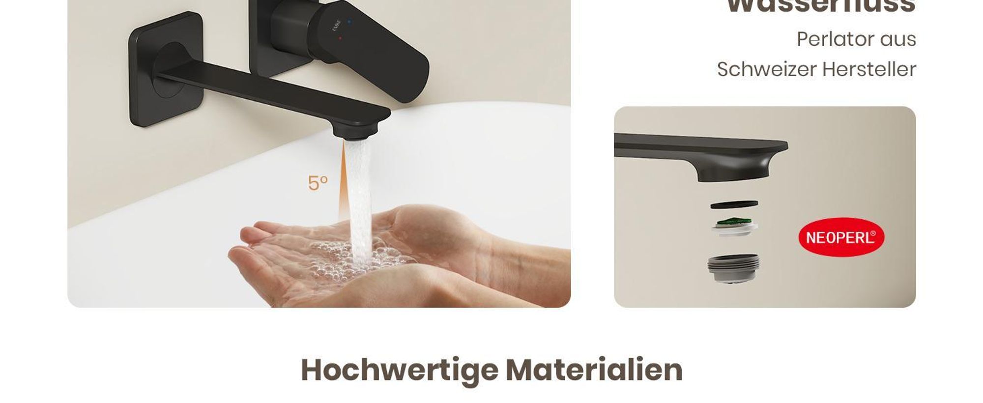 EMKE Waschtischarmatur Wandmontage, Unterputz Wasserhahn Bad, 2-Loch Einhebelmischer Mischbatterie für Waschbecken 233x127x110mm Matt Schwarz