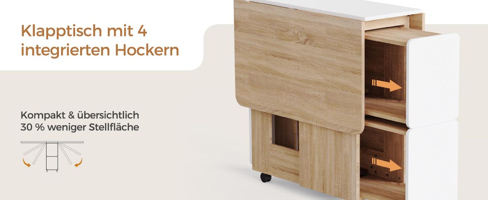Mondeer Esstisch mit 4 Hockern Platzsparend (120x80→33x80cm), Rollbar mit Bremsen, 3-in-1 Funktion & Schnell Aufgebaut Eiche und Weiß