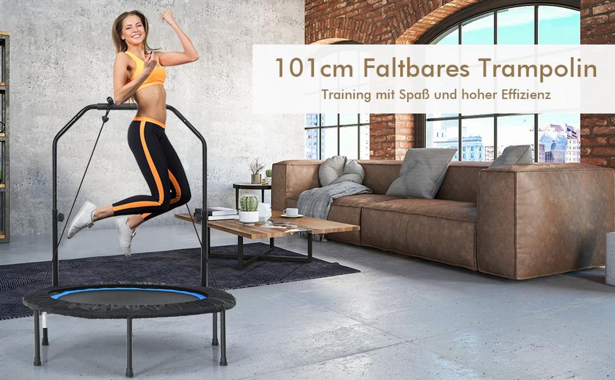 COSTWAY φ101cm Fitmess Trampolin, Mini Trampolin mit höhenverstellbarm Haltegriff & 2 Widerstandsbändern, Kindertrampolin, Gartentrampolin, Blau