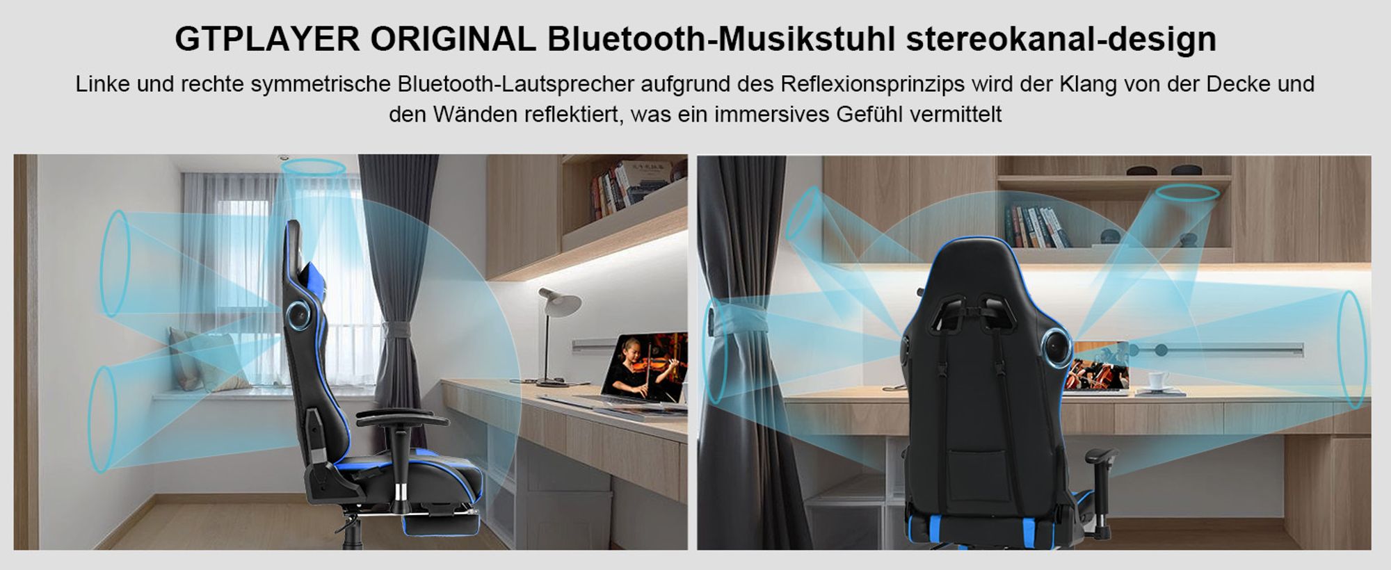 GTPLAYER Gaming Stuhl Mit Bluetooth Hi-Fi Stereo Musik Lautsprecher, Bürostuhl Schreibtischstuhl, Ergonomisches Design Multi-Funktion(schwarz-blau)