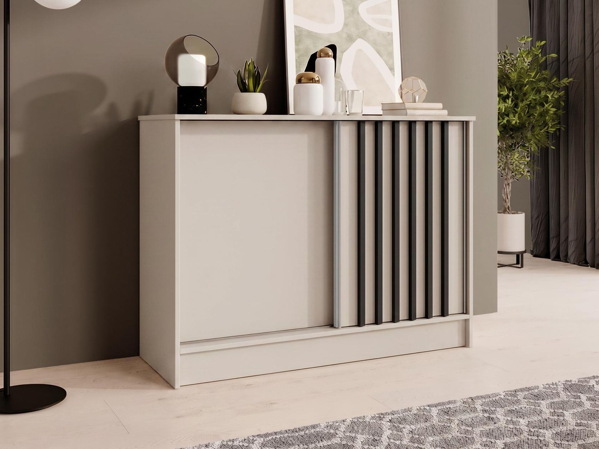 BEAUTYSOFA | Kommode HORIZON 100 cm Kaschmir, Schwarz mit Lamellen Sideboard mit 2 Schiebetüren, Modernes Design, viel Stauraum