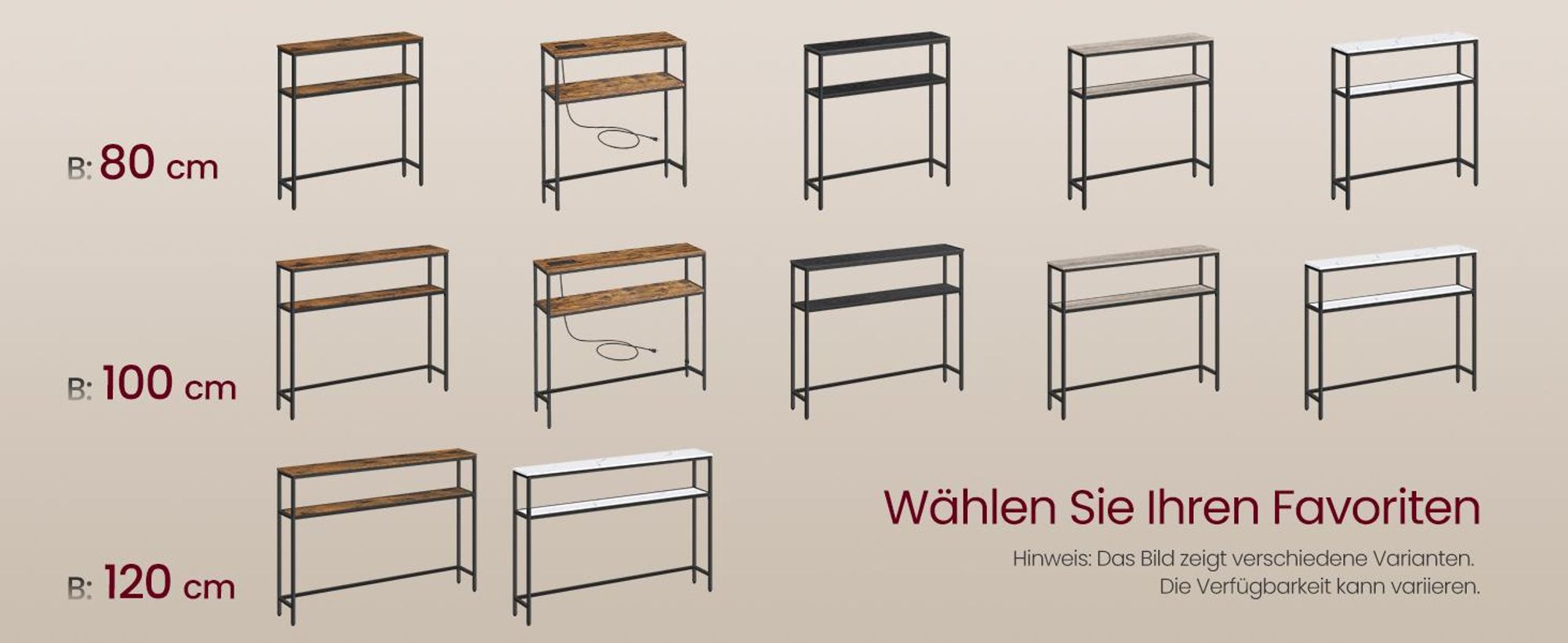 VASAGLE Konsolentisch, schmaler Sofatisch, Flurtisch mit Ladestation, 20 x 100 x 80 cm