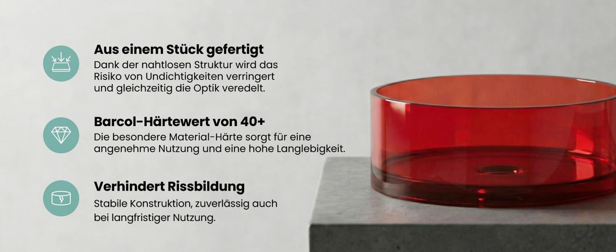 Mai & Mai Waschbecken rund Aufsatzwaschbecken aus Kunstharz Waschschale Handwaschbecken 40x40x14cm in Glasgrau ohne Hahnloch und Überlauf Coloria01