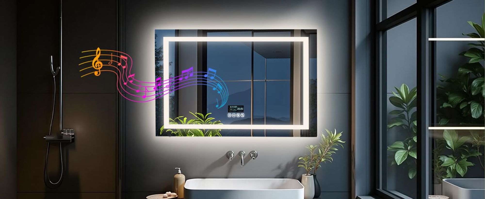 WISFOR LED Badspiegel mit Bluetooth Lautsprecher, 100x70cm Badezimmerspiegel mit Beleuchtung 3 Lichtfarbe, LED Wandspiegel dimmbar beschlagfrei