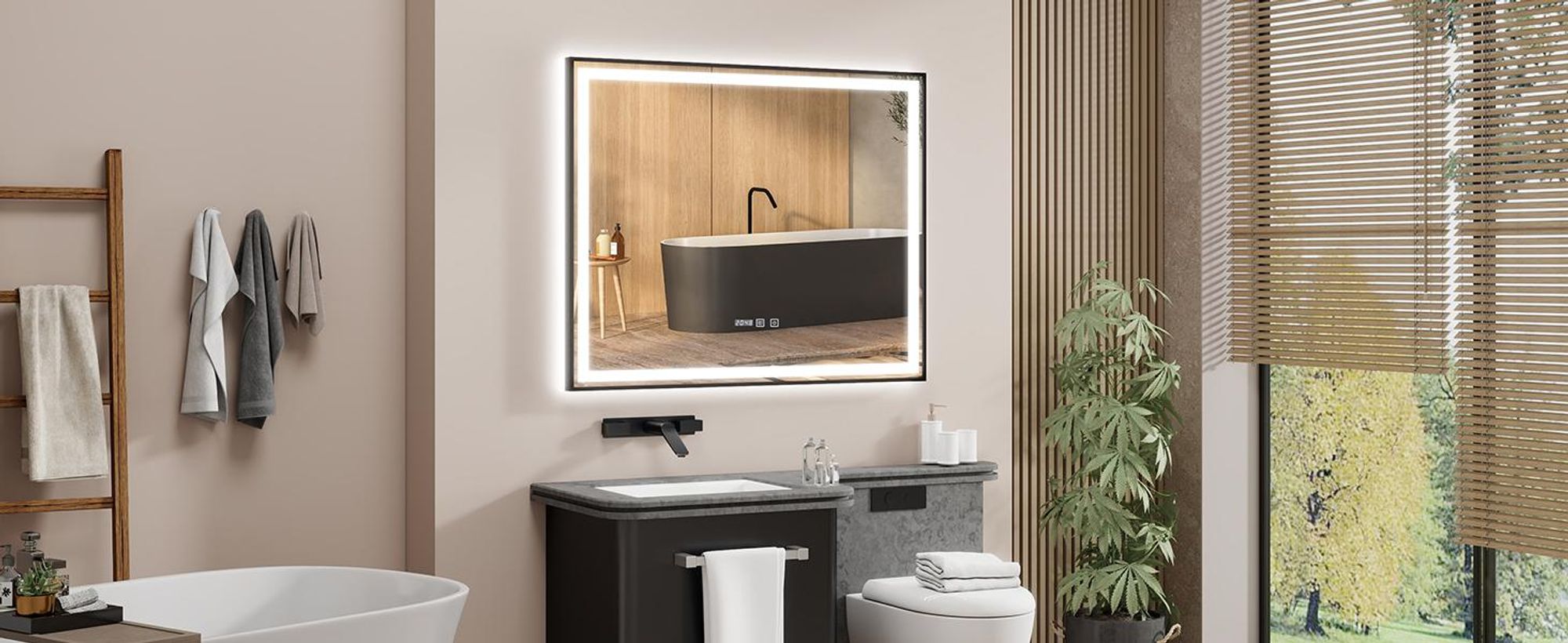Puluomis Badspiegel 100x80 beschlagfrei mit 3 Farbe Beleuchtung, dimmbare Helligkeit, Badezimmerspiegel mit Digitaluhr, Temperatur schwarz