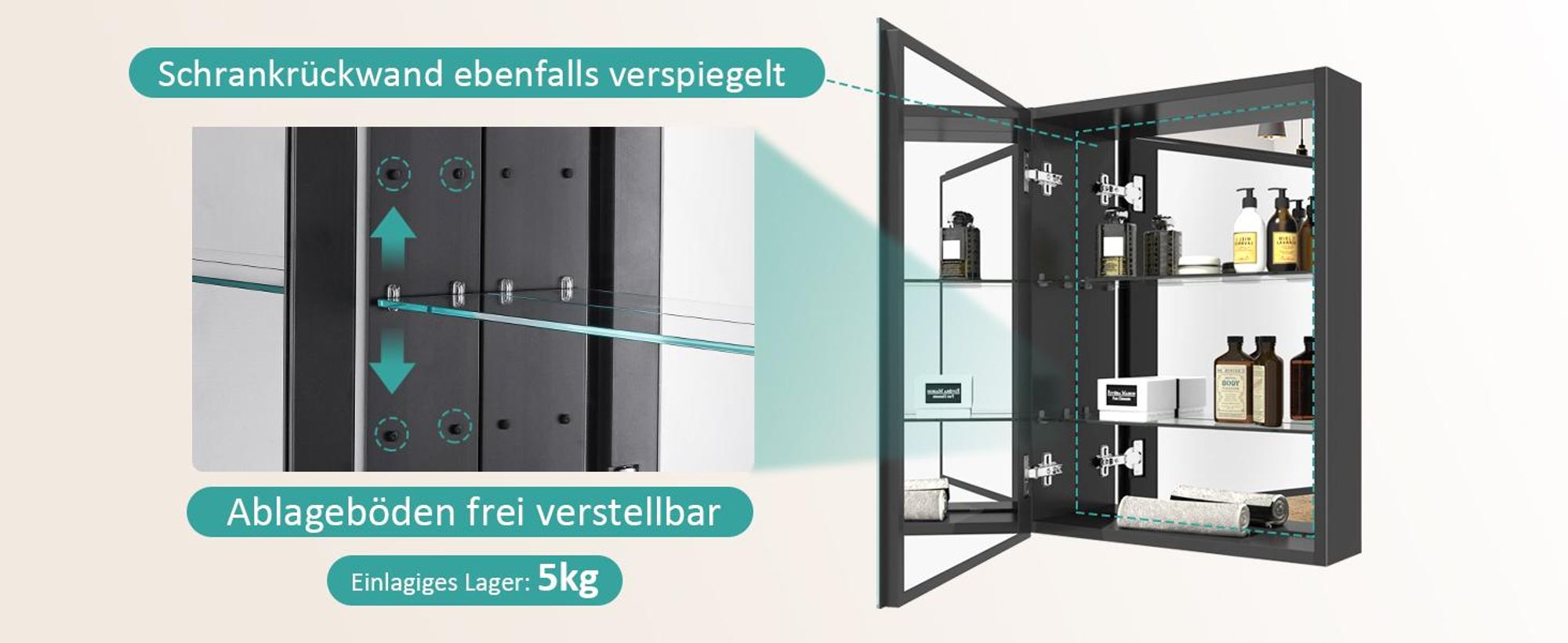 EMKE Spiegelschrank Mattschwarz, 50x65x14,5 cm Aluminium Einzeltür und Verstellbares Glasregal Soft-Close Badezimmerspiegelschrank