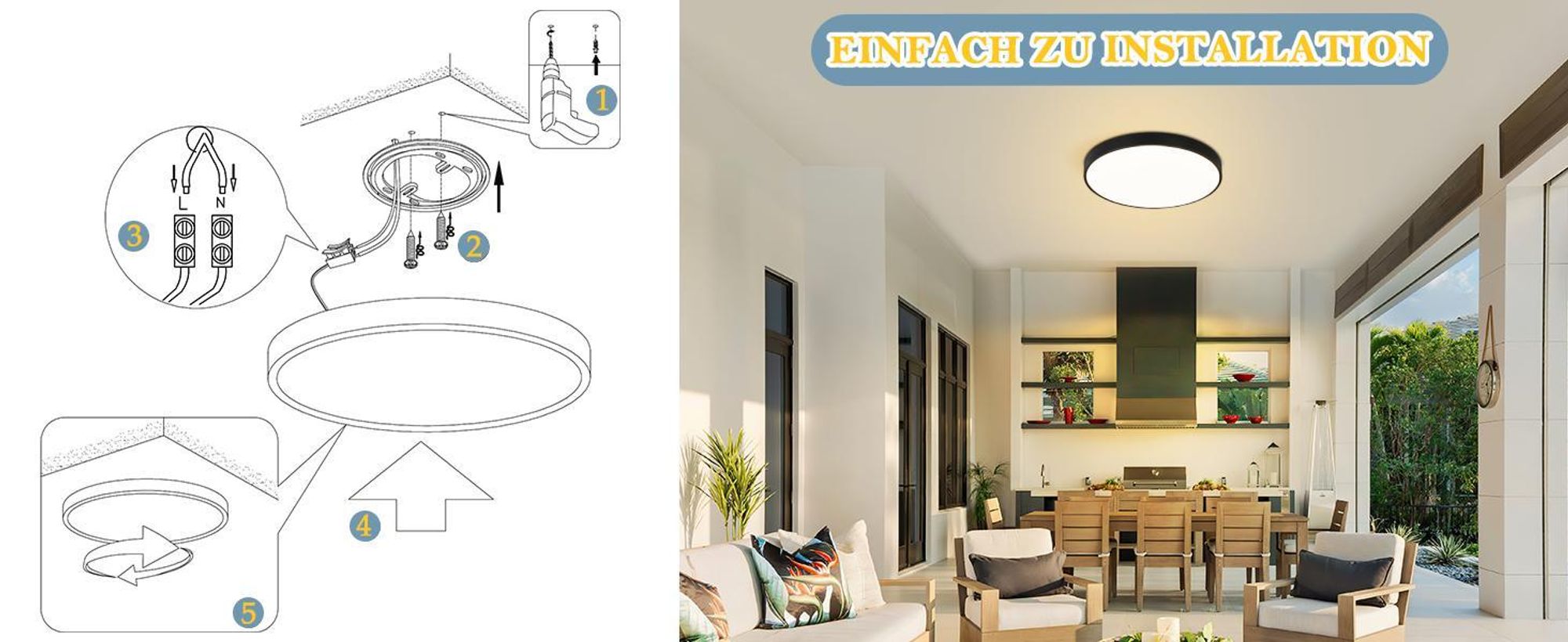 ZMH LED Deckenleuchte Schwarz Deckenlampe 17W Warmweiß Küchenlampe Flach IP44 Rund Modern Flurlampe für Wohnzimmer