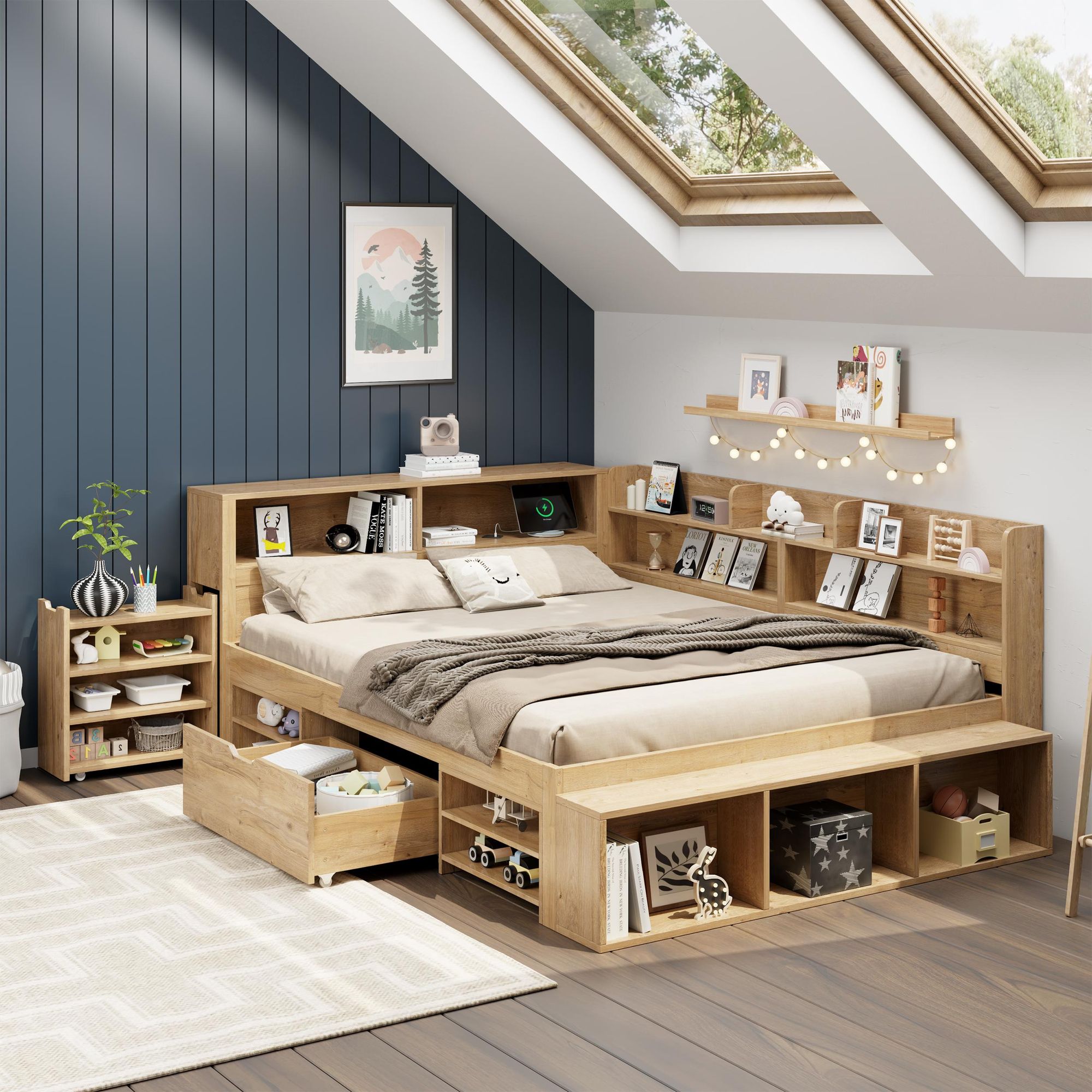 Flieks Jugendbett 140x200cm mit Ladefunktion, Kinderbett Tagesbett Doppelbettmit Schublade,  Ausziehbarem Nachttisch und Regal, Klassisches Bett