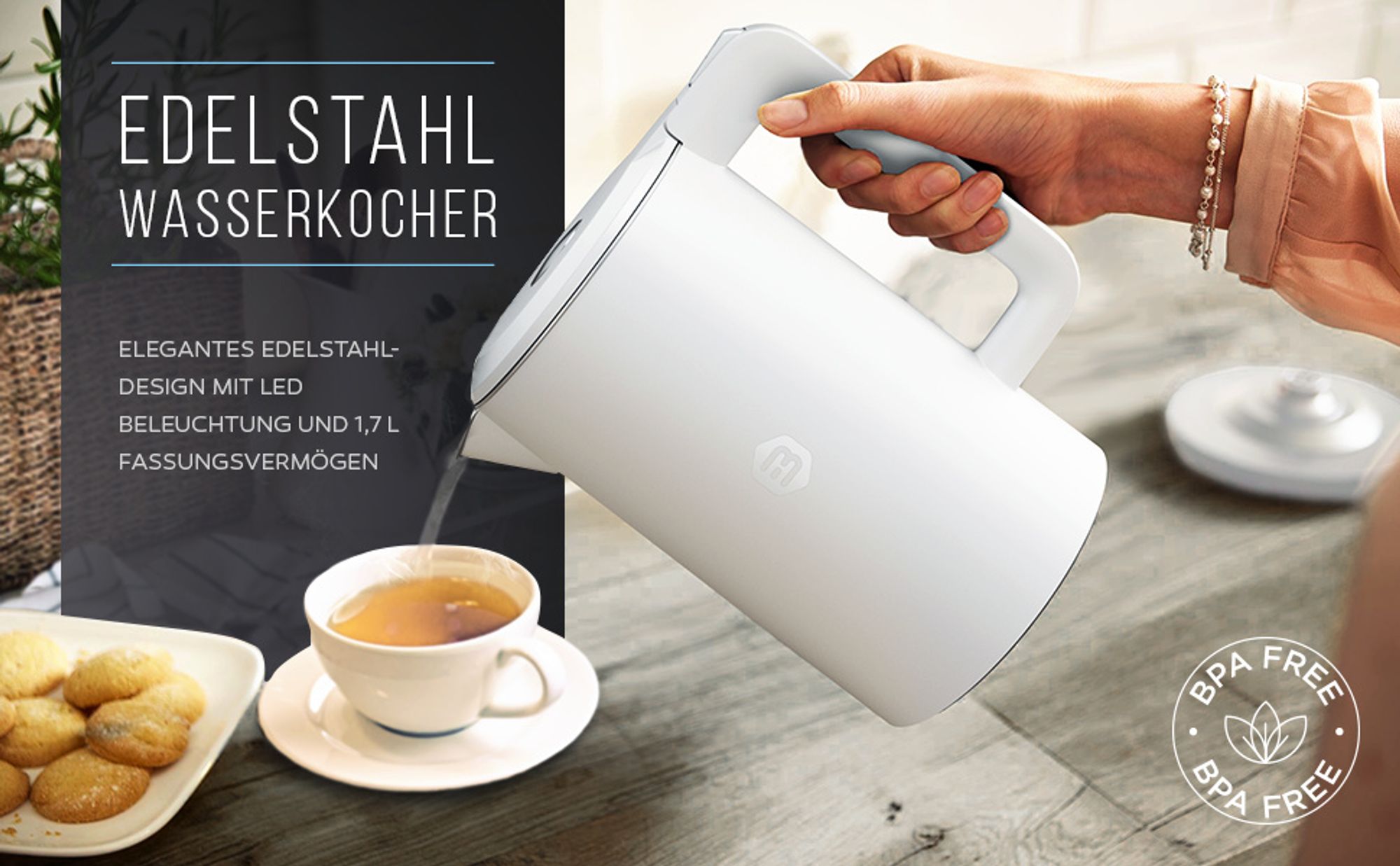 Balter Wasserkocher Edelstahl 1,7L, 2200W, BPA-frei, LED-Beleuchtung, Doppelwand, Teekessel mit Abschaltautomatik, Trockenlaufschutz, Weiß