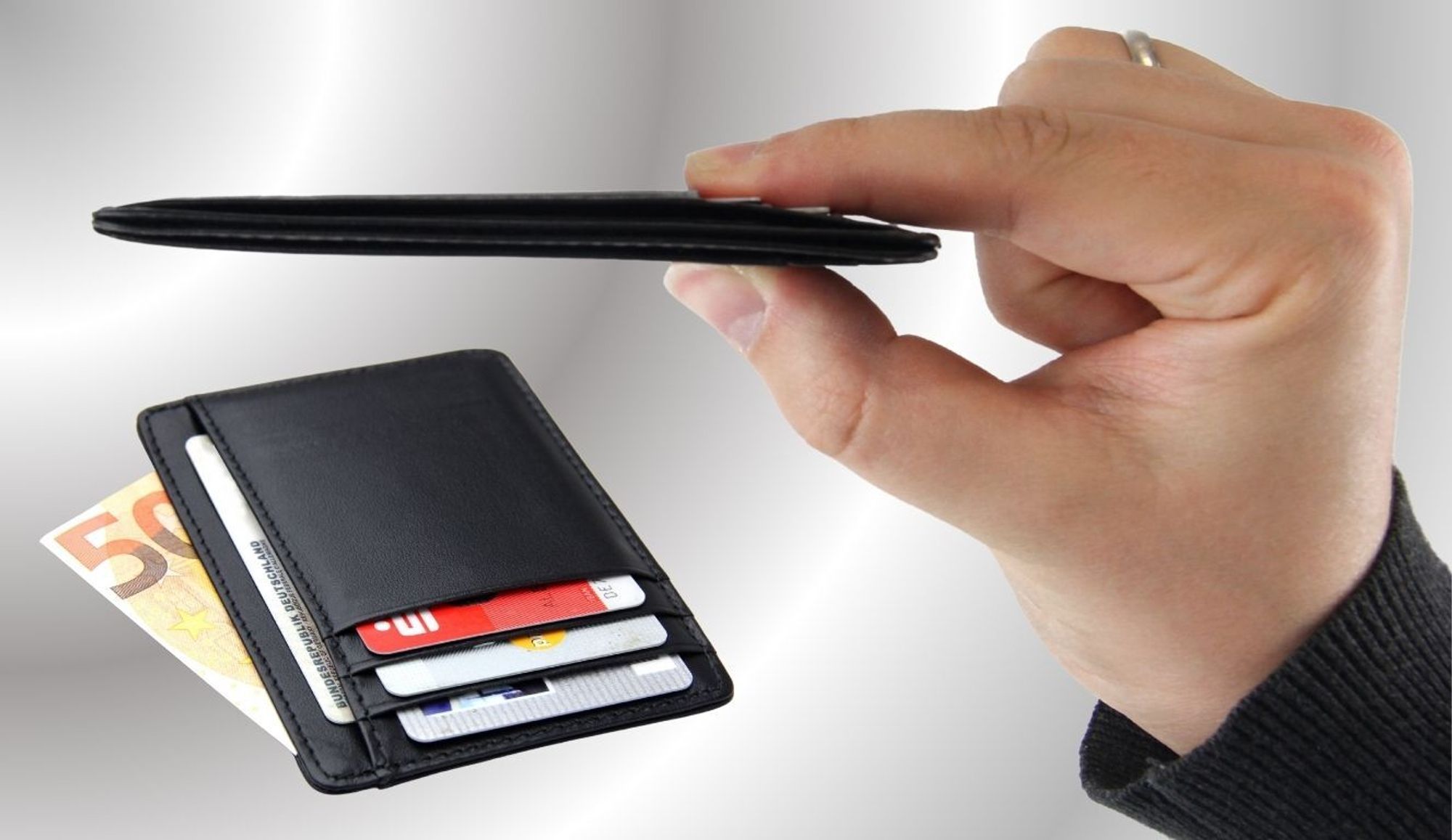 Frentree® Kartenetui aus Leder, minimalistisches Portemonnaie mit RFID Schutz und Sichtfenster, für EC Karten und Geldscheine, schlanke Geldbörse