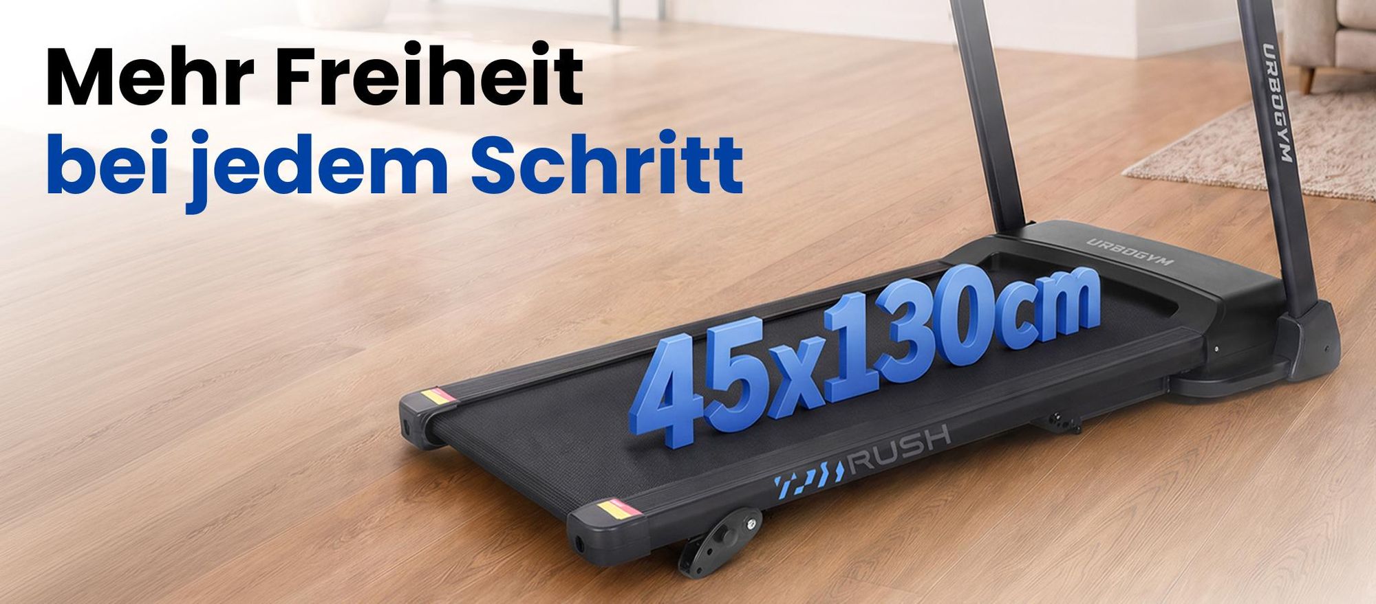 URBOGYM RUSH Laufband klappbar bis 16 km/h, 140 kg, 45 x 130 cm Lauffläche, 3 Steigungsstufen, 15 Programme, Bluetooth, Kinomap & Zwift, LED Display