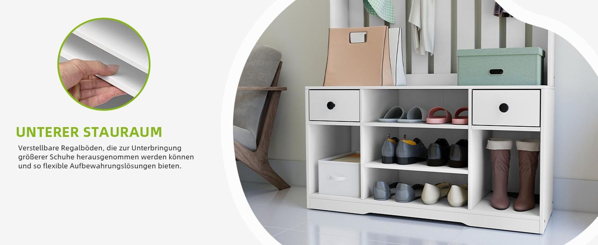 Garderobenständer mit Schuhbank, Kleiderschrank mit 9 Haken und 2 Stoffschubladen, 100 x 35 x 180 cm, Weiß