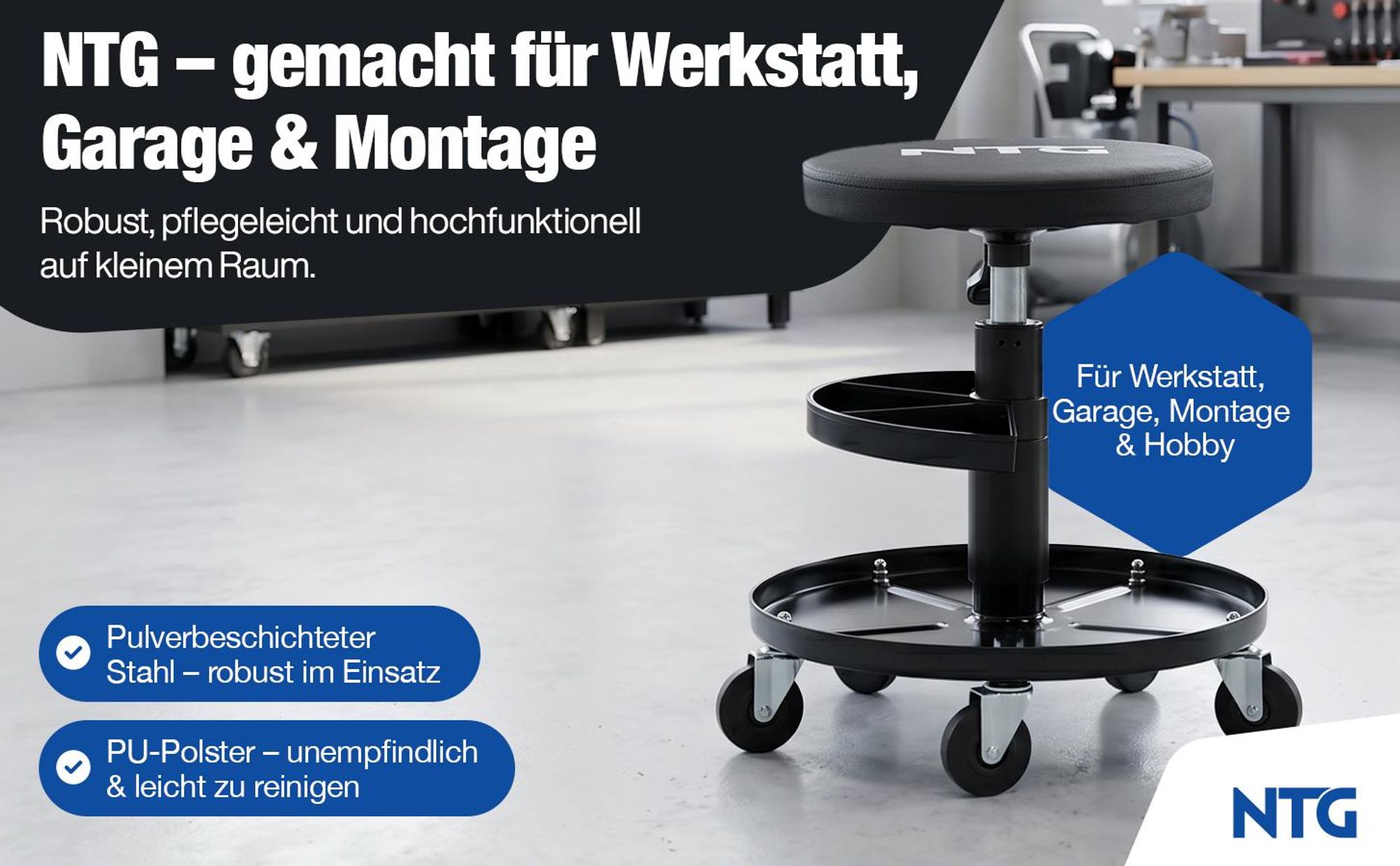 NTG Rollhocker Höhenverstellbar bis 55 cm – Werkstatthocker bis 100 kg mit 5 Rollen & Ablageschale – Drehhocker Werkstatt