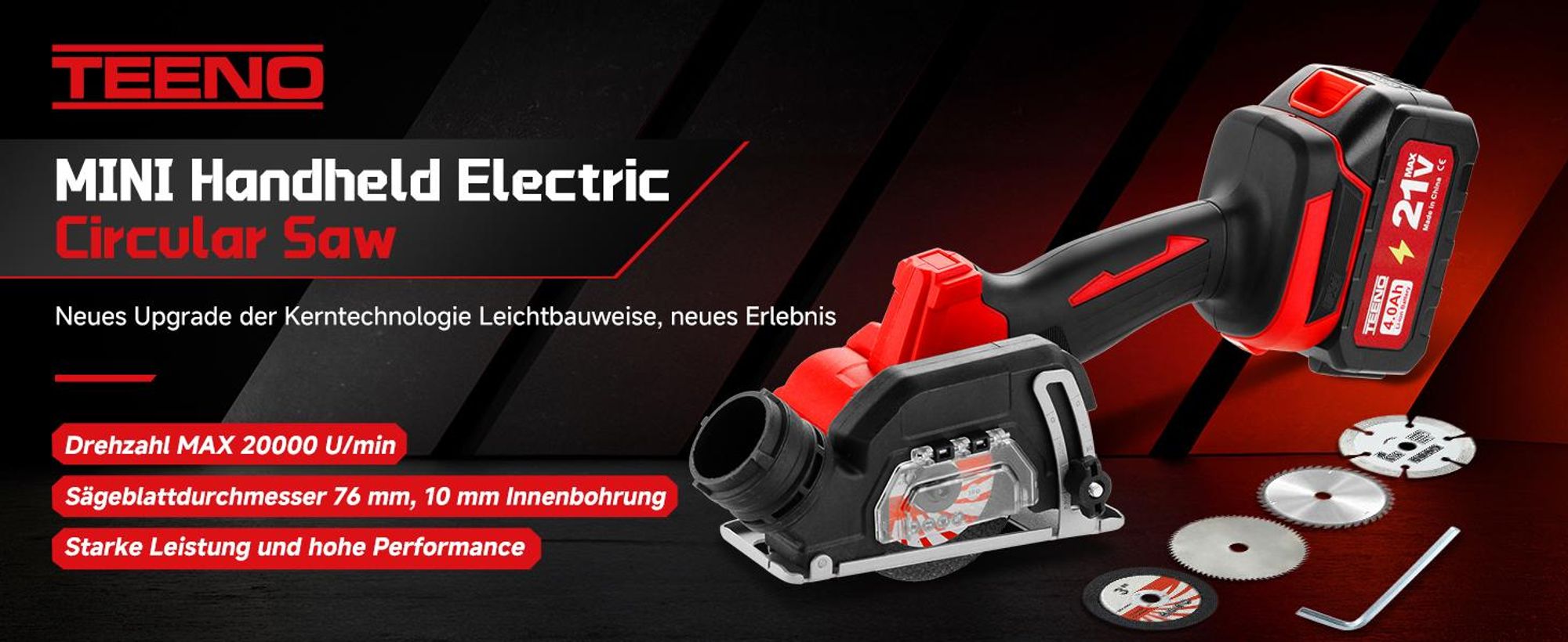 TEENO Akku-Mini-Handkreissäge, Akku Handkreissäge mit LED-Leuchte, 2x 4,0Ah-Akkus, Einstellbarer Schnittwinkel, 20000 U/min, 3 Sägeblätter