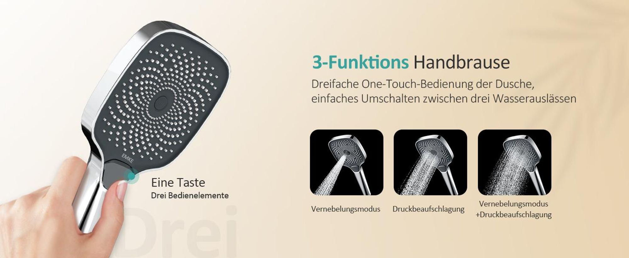 EMKE Duschsystem mit Thermostat, 36x24mm Regenduschkopf, Handbrause mit 3 Strahlstärken Regendusche mit Glasablage, Bad- & Duscharmaturen, KTW, Chrom