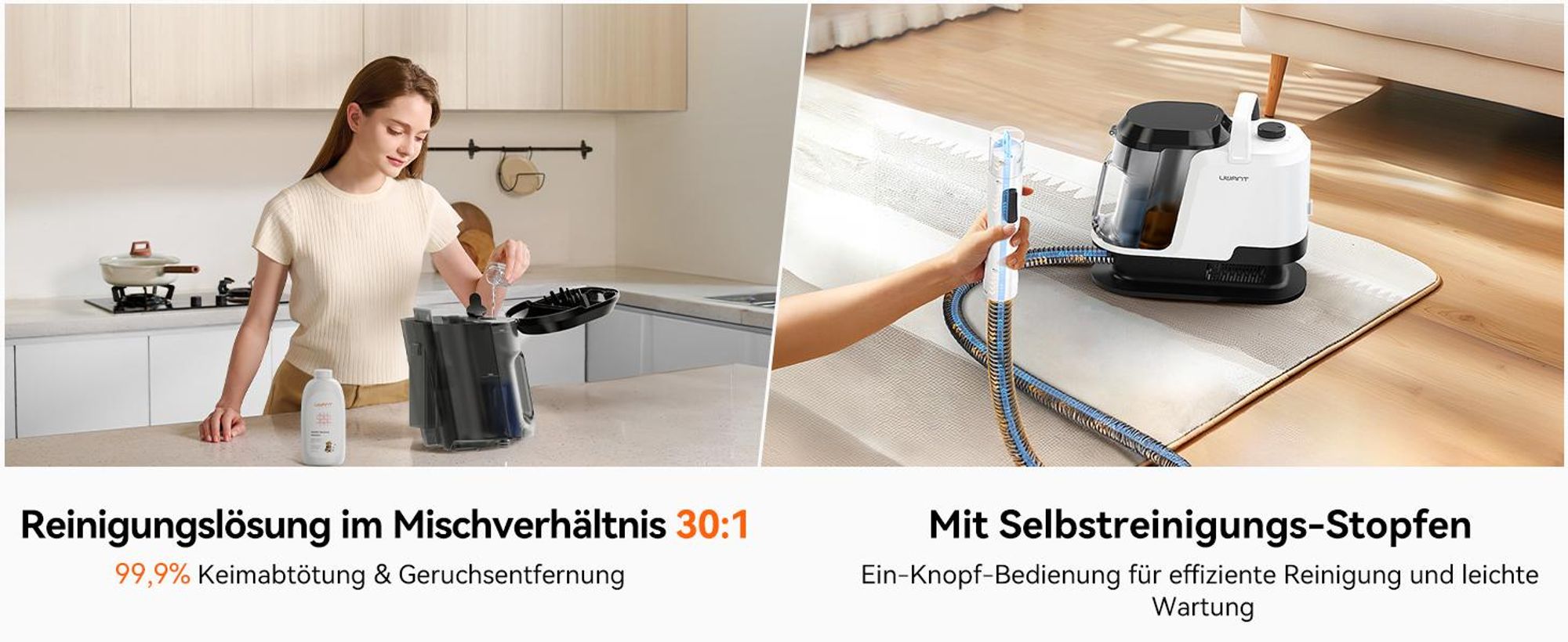 Uwant Y100 Steam Polsterreiniger Gerät, 3-in-1 Dampfreiniger für Sofa, Teppich und Auto mit 18KPA, 1750W Heißdampf, 65°C Heißwasser,Kaltwasser