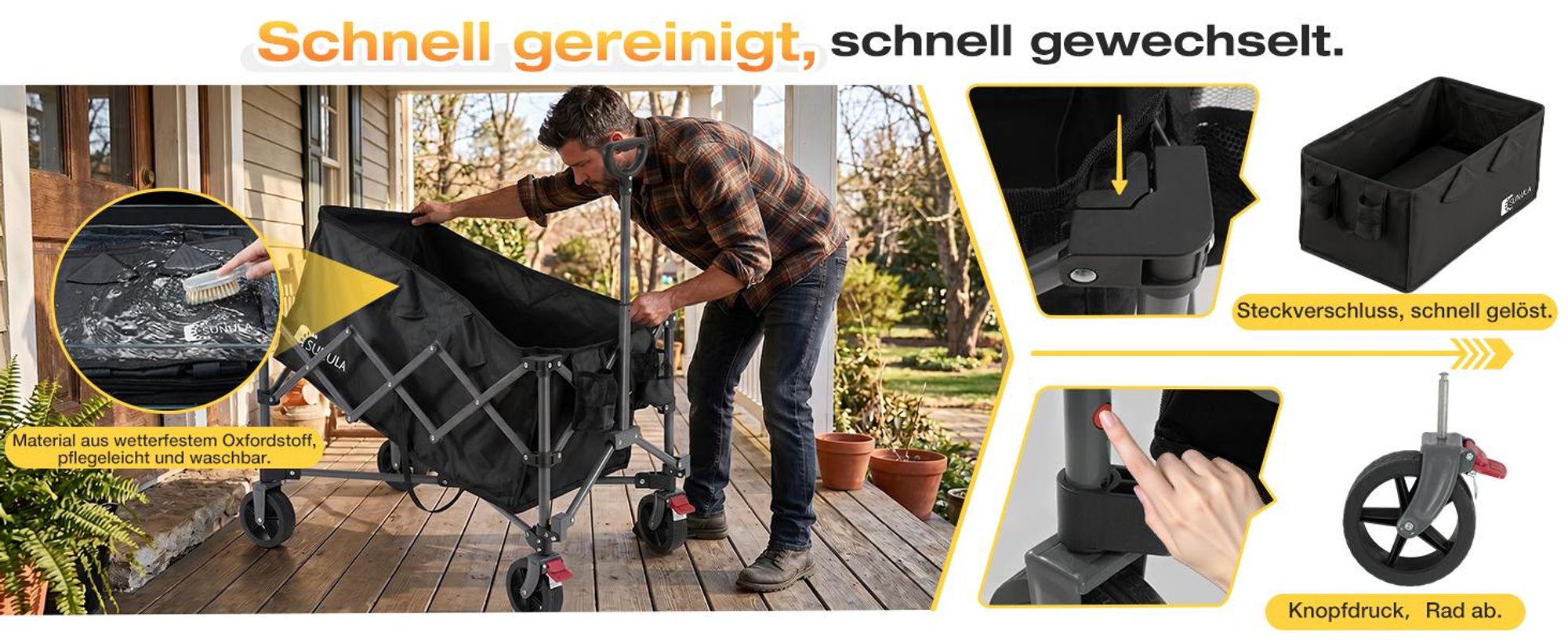 SUNULA Bollerwagen Faltbar Tragkraft 120 KG Handwagen mit EIN-klick-Handgriff, Schwarz