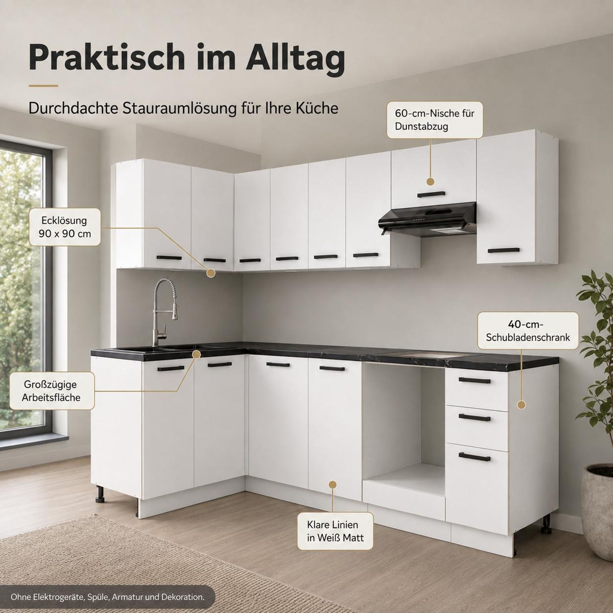 Praktische Eckküche mit 60-cm-Dunstabzugnische und 40-cm-Schubladenschrank.