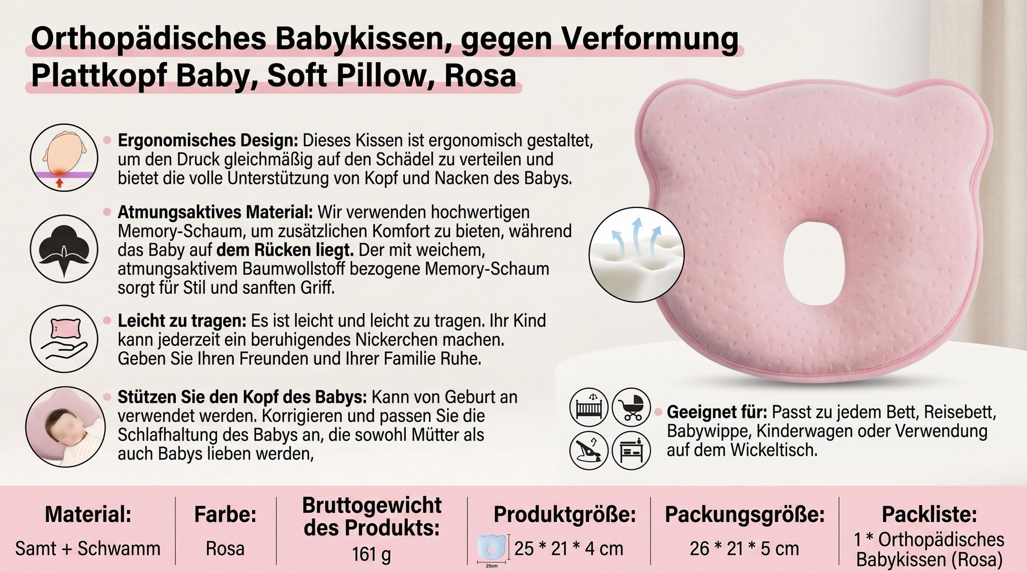 Orthopädisches Babykissen, gegen Verformung Plattkopf Baby, Soft Pillow, Rosa