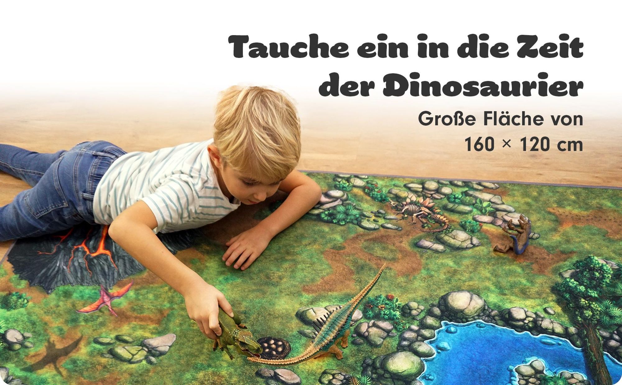 Spielteppich Dinoworld Größe: 160cm x 120cm - Teppich Jungen & Mädchen Kinderzimmer, Kinderteppich für z.B. Schleich®, CollectA® Figuren