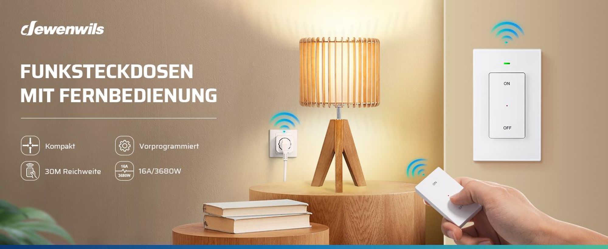 DEWENWILS Funksteckdose mit Fernbedienung, 2er Set, 16A/3680W, Innen, weiß