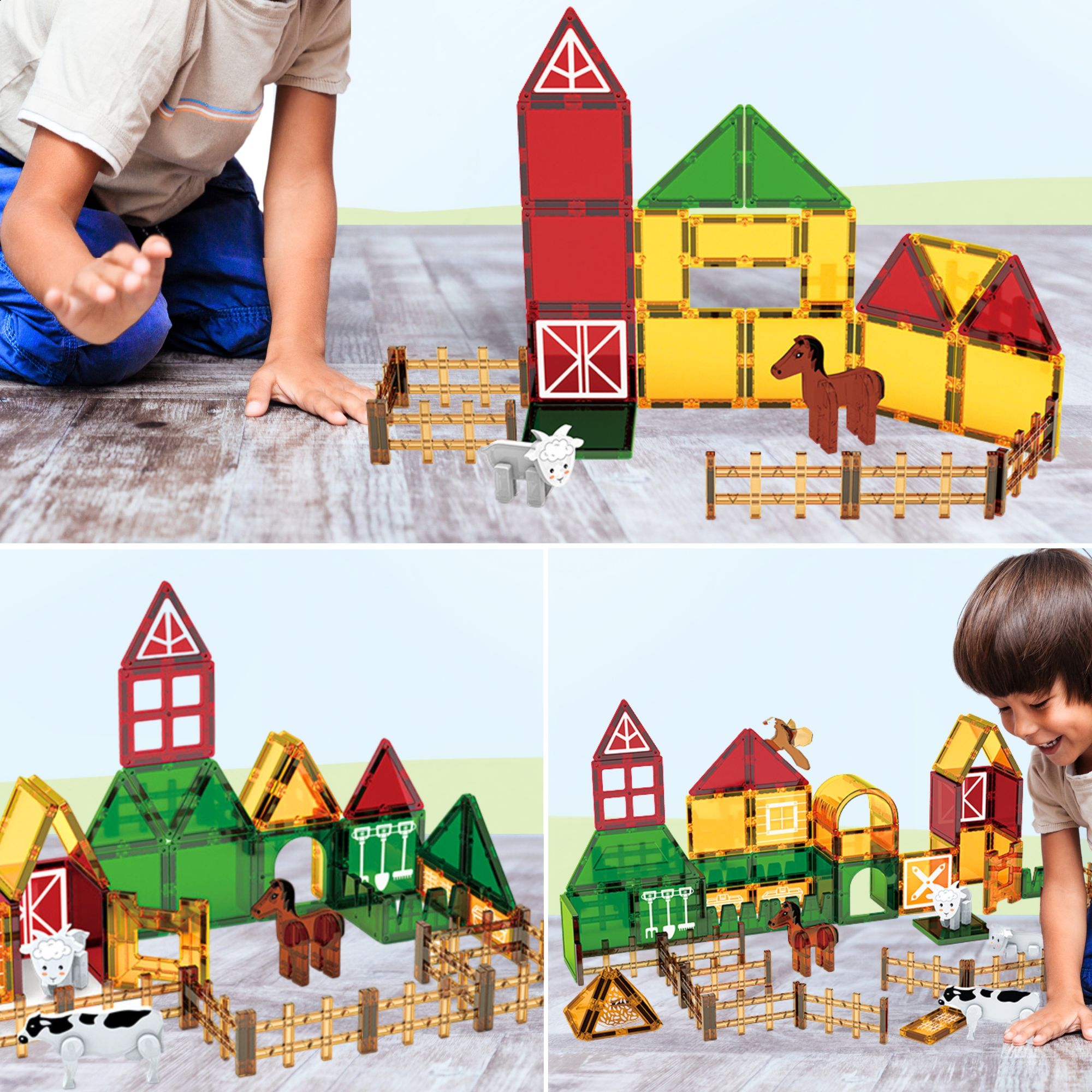 Fits4Kids Magnetische Bausteine – 76 Teile - Kreatives Spielzeug für Kinder – Perfekt für Bildung und Spaß – Magnetic tiles - Bauernhof-Edition